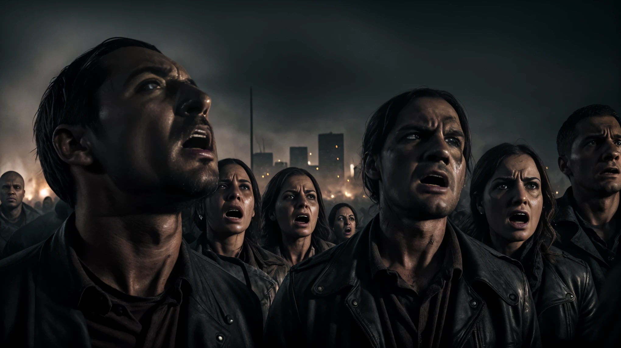 frightened people,gazing upwards,close up shot,expressions of fear,crumpled facial expressions,apocalyptic background,terrified crowd,facial features highlighted,panicked expressions,stressful atmosphere,detailed eyes,stressed faces,wide range of emotions,dramatic lighting,multiple individuals,scared reactions,apocalypse-themed setting,crisis situation,broken buildings,dystopian setting,chaotic scene,anxious vibes,panicking crowd,urban decay,desperate expressions,eerie backdrop,unsettling ambiance,shattered skyline,fearful gazes,apocalyptic scenario,anxiously looking upward,disaster-stricken city,facial expressions full of terror,devastated environment,people in distress,dark and foreboding atmosphere,ominous mood,chaos and destruction,horror-filled environment,terrifying spectacle,disarrayed surroundings,worried looks,doomsday scene,disturbed expressions