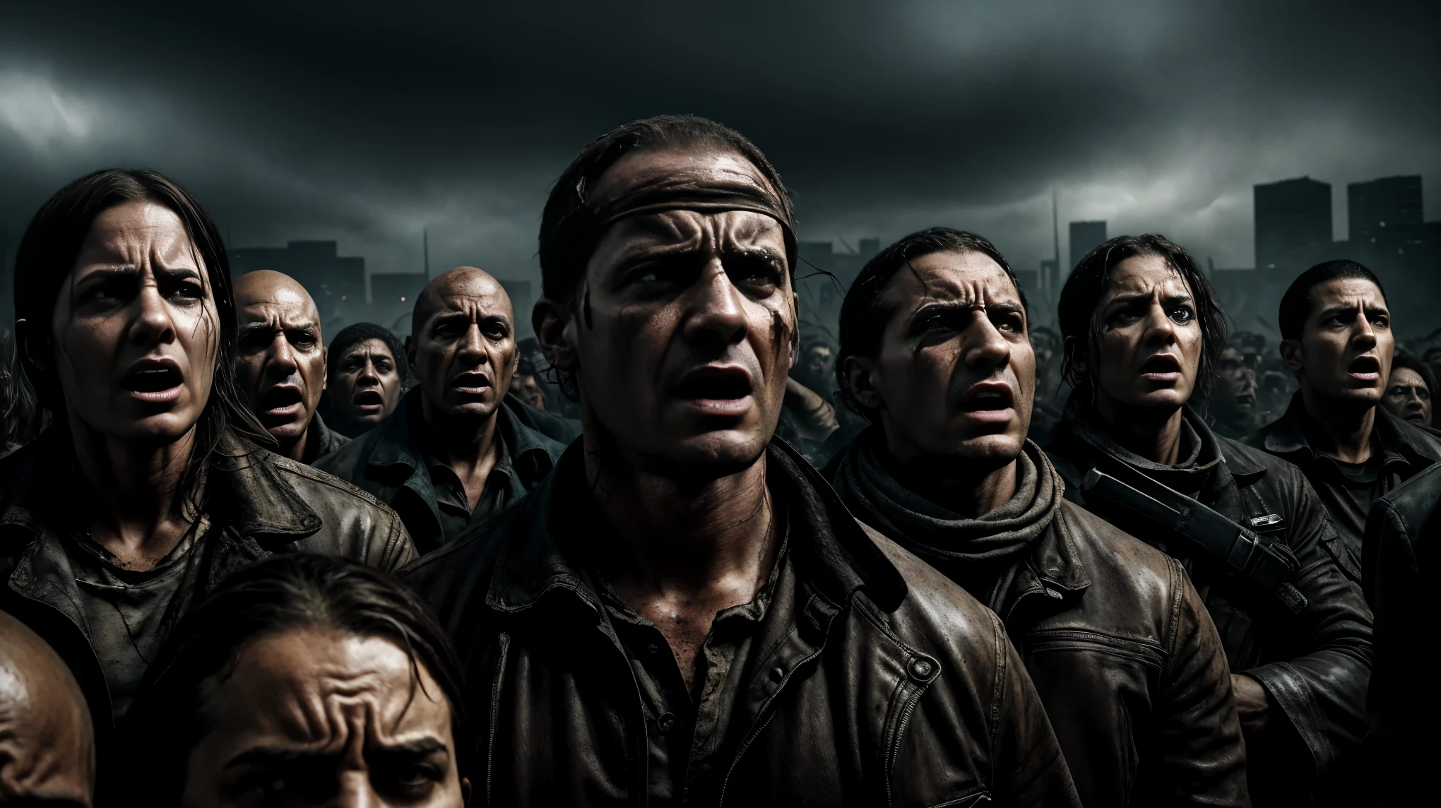 frightened people,gazing upwards,close up shot,expressions of fear,crumpled facial expressions,apocalyptic background,terrified crowd,facial features highlighted,panicked expressions,stressful atmosphere,detailed eyes,stressed faces,wide range of emotions,dramatic lighting,multiple individuals,scared reactions,apocalypse-themed setting,crisis situation,broken buildings,dystopian setting,chaotic scene,anxious vibes,panicking crowd,urban decay,desperate expressions,eerie backdrop,unsettling ambiance,shattered skyline,fearful gazes,apocalyptic scenario,anxiously looking upward,disaster-stricken city,facial expressions full of terror,devastated environment,people in distress,dark and foreboding atmosphere,ominous mood,chaos and destruction,horror-filled environment,terrifying spectacle,disarrayed surroundings,worried looks,doomsday scene,disturbed expressions