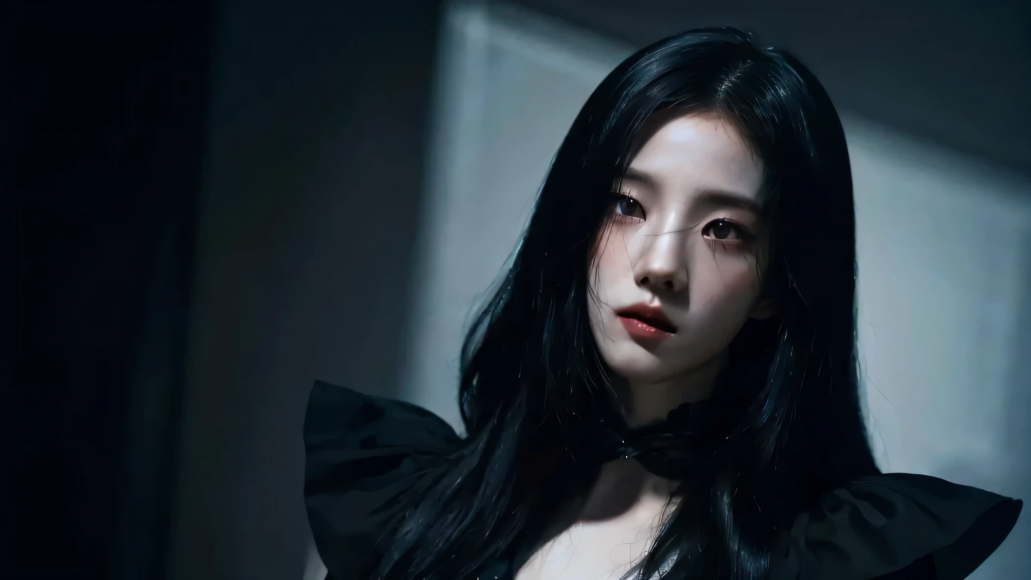 (best quality, highres:1.2), realistic, black dress, black hair, dark theme, black background, intense gaze, elegant posture, flowing dress, detailed facial features, long eyelashes, pale skin, Jisoo Kim, contrast, fine details, dramatic atmosphere, gothic style, intense emotions, monochrome color palette, captivating setting, haunting beauty, artistic photography, everything is black