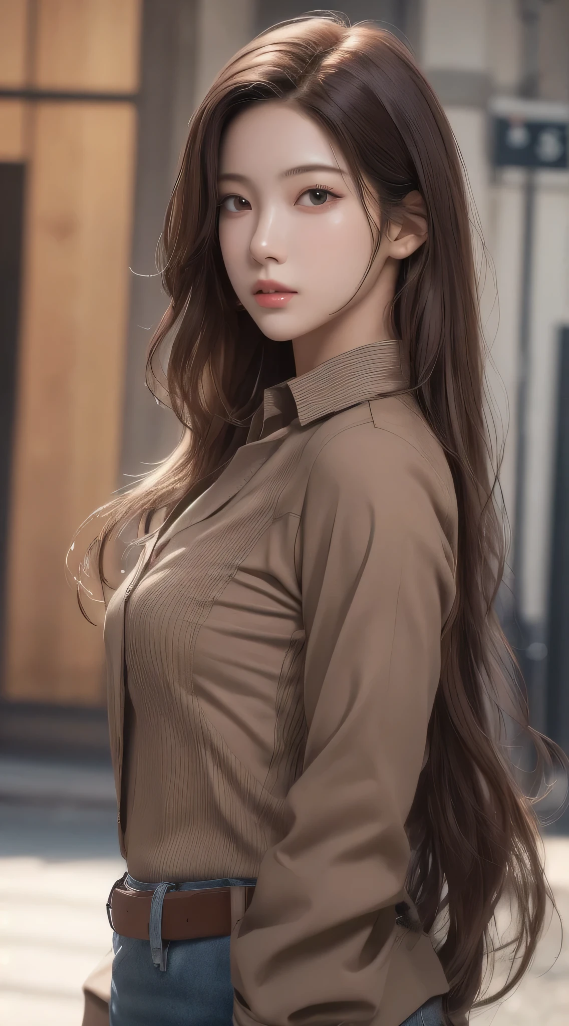 Photorealistic, masutepiece, Best Quality, Raw photo, 1girl in, Solo, Long hair, Brown hair, Detailed face, alluring face, Collared shirt, medium breasts, Dynamic Pose, Looking at Viewer, Detailed background, fine detailed, intricate detailes, Ray tracing, depth of fields, lowkey,
