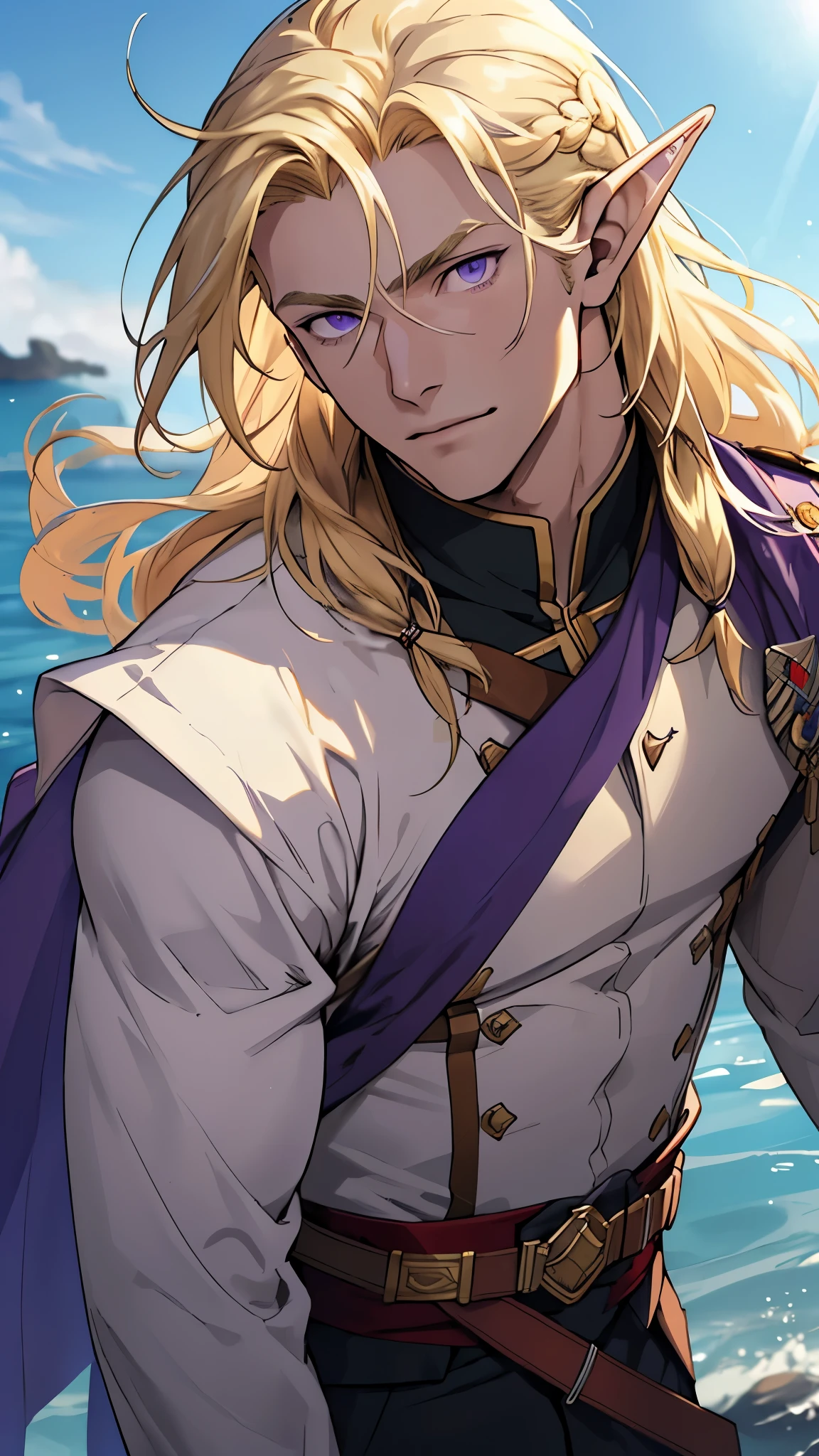 (masterpiece), best quality, high quality, 1 boy, beautiful face, handsome, sunlight, elf ears, pointy ears, handsome, blonde hair, long hair, purple eyes, soldier clothes, upper body, sea background, looking straight, purple eyes,