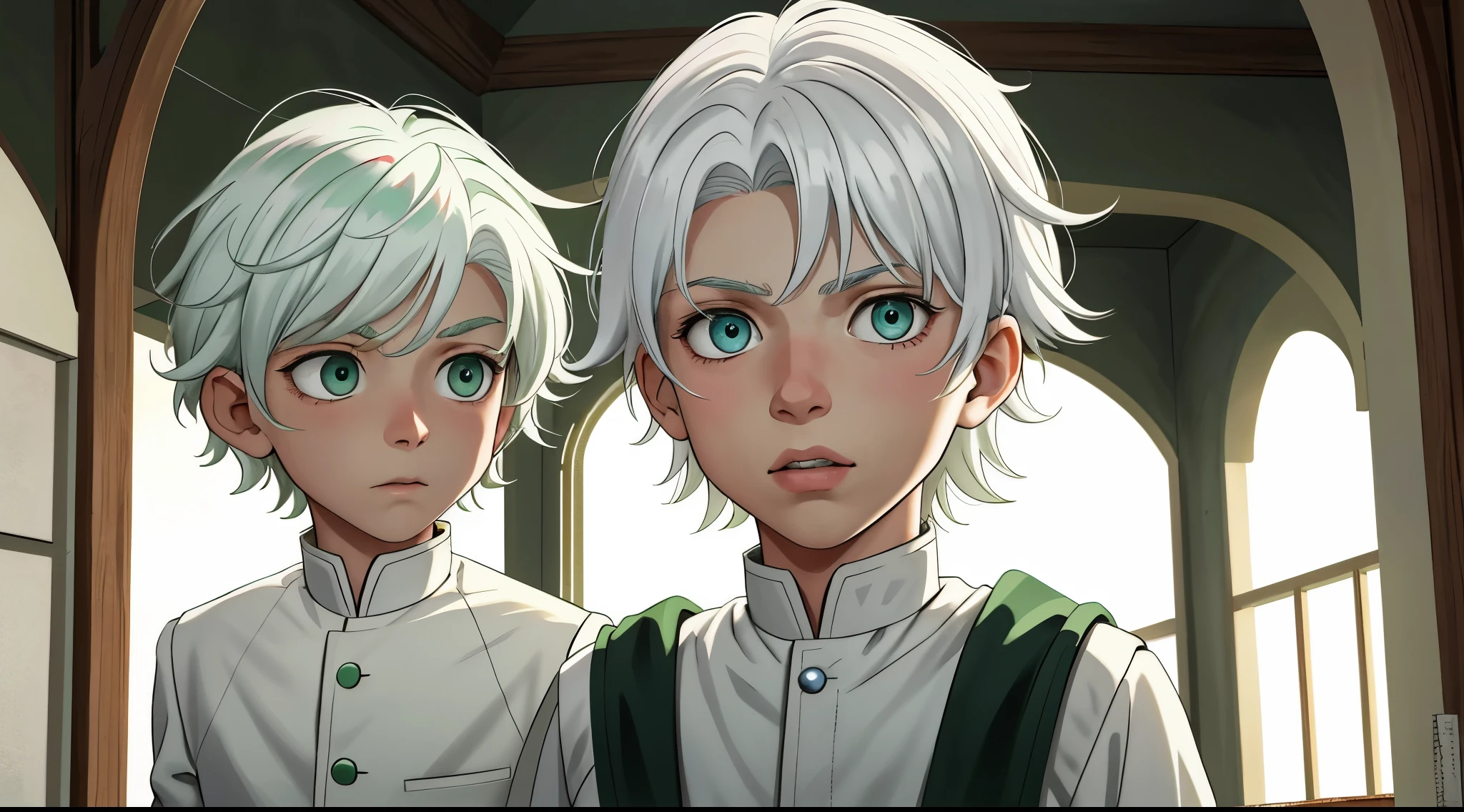 There are two 8-year-old boys, one with green eyes and white hair, he talks to him, he asks questions to the other, he talks to him with his mouth open.