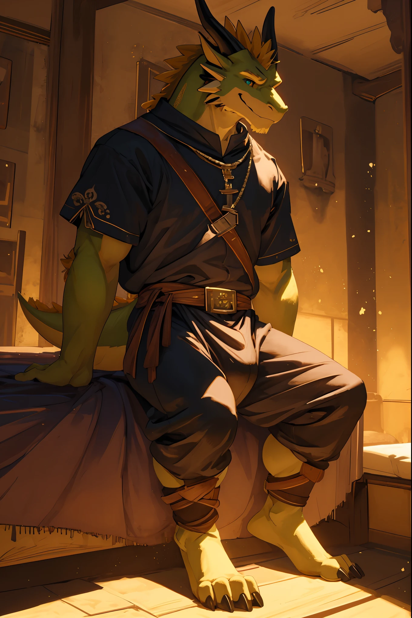 (masterpiece, 4K, ultra detailed)massive green dragon, tight medieval clothing, massive bulge, welcoming smile, Sitting on the bed, legs spread, cinematic lighting,
