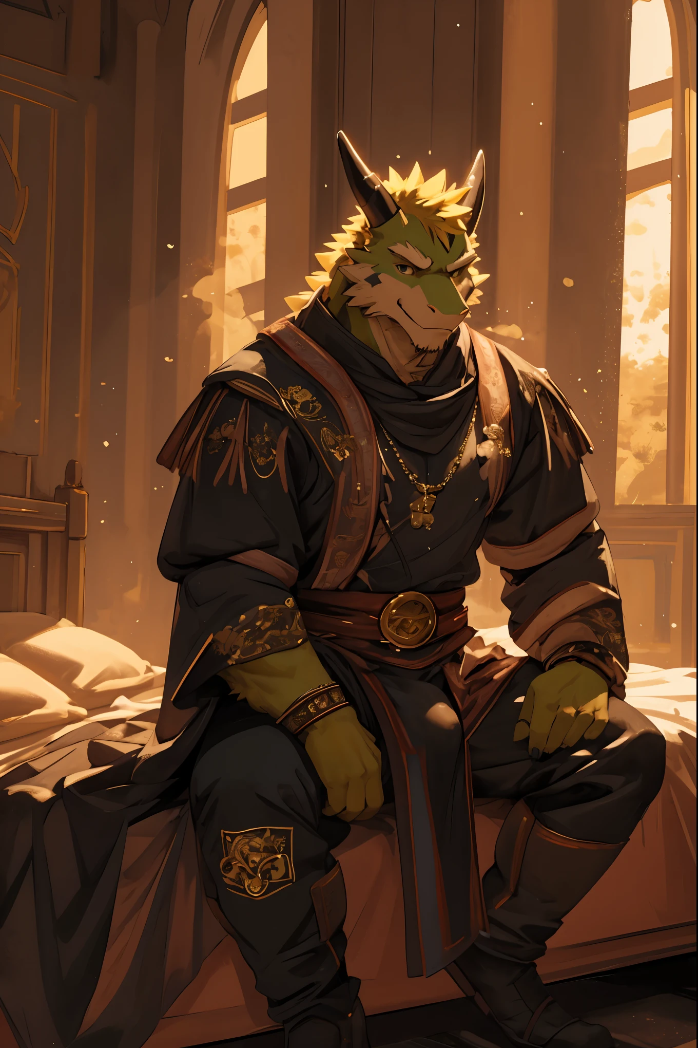 (masterpiece, 4K, ultra detailed)massive green dragon, tight medieval clothing, massive bulge, welcoming smile, Sitting on the bed, legs spread, cinematic lighting,