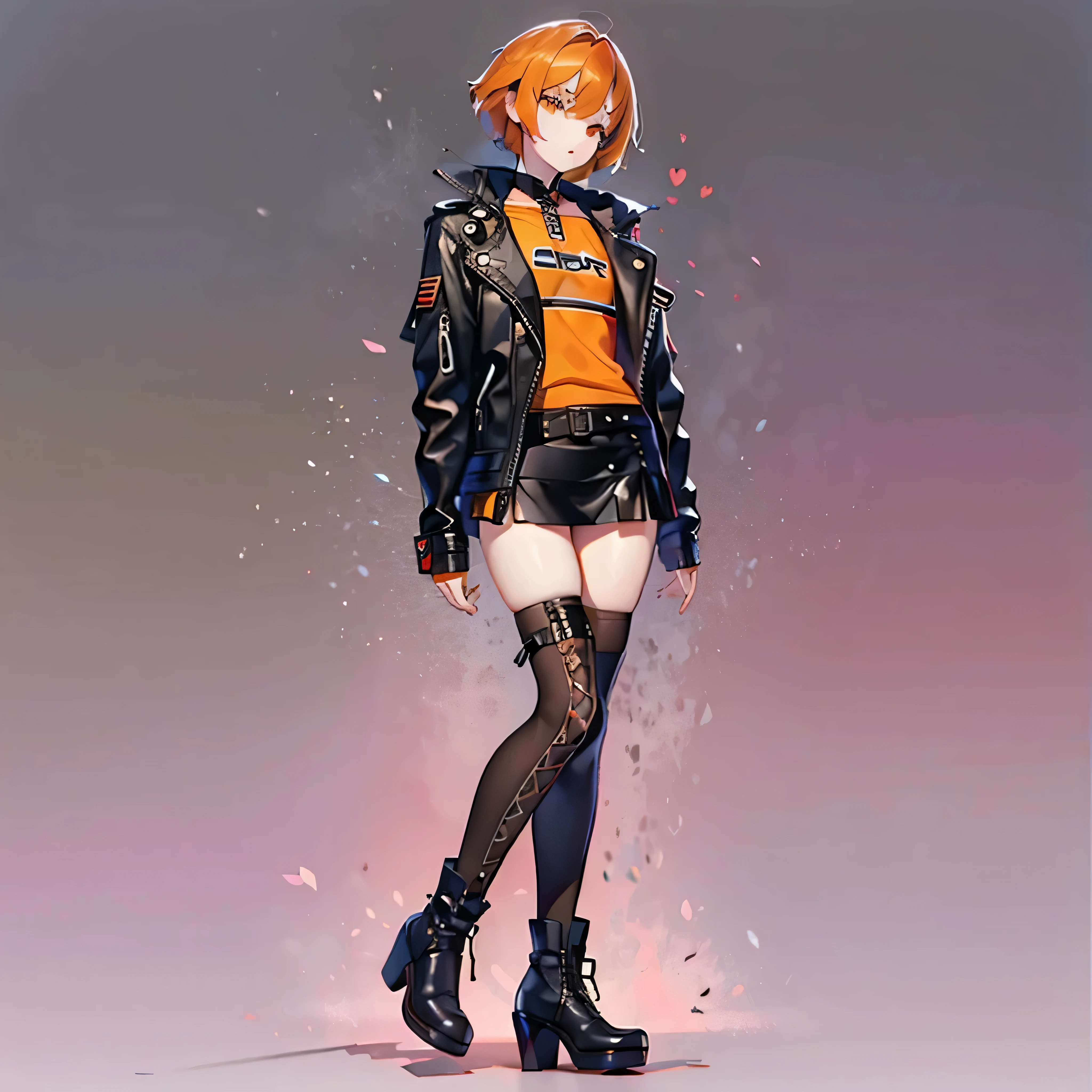 Boy, effeminate, tall, orange hair, pixie cut, pale skin, thick thighs, small waist, thigh highs, leather jacket,mini skirt, thigh high boots with heels, full body image ((best quality)), ((masterpiece)), ((detailed)) flat chest, facing viewer