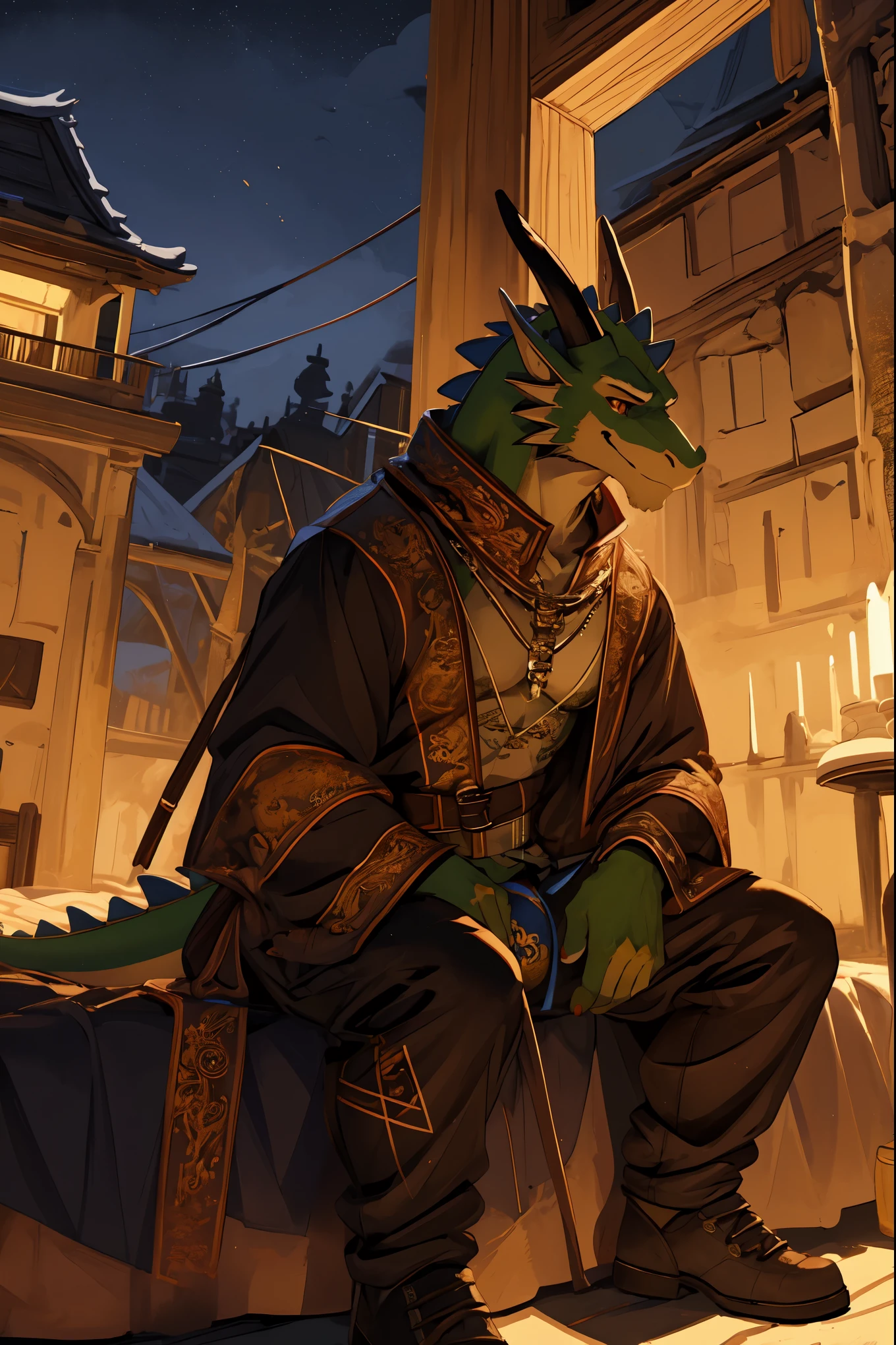(masterpiece, 4K, ultra detailed)massive green dragon, tight medieval clothing, massive bulge, welcoming smile, Sitting on the bed, legs spread, cinematic lighting,