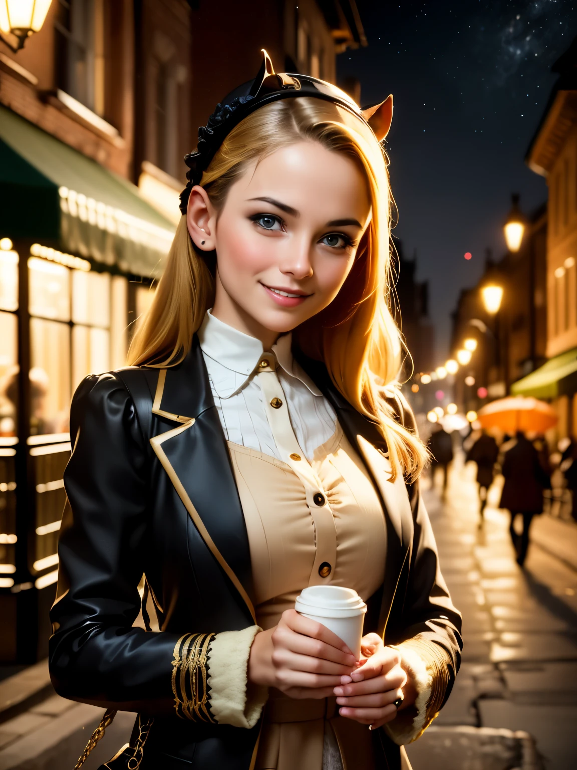 (masterpiece), best quality, expressive eyes, perfect face,a girl smiles towards the camera in a wonderful sunny day. her smile is cheerful but contained and reserved, Victorian era posing in front of a period building, night, street lights, people along the road, horse-drawn carriages, romantic atmosphere, sky with various nocturnal colors and stars.​