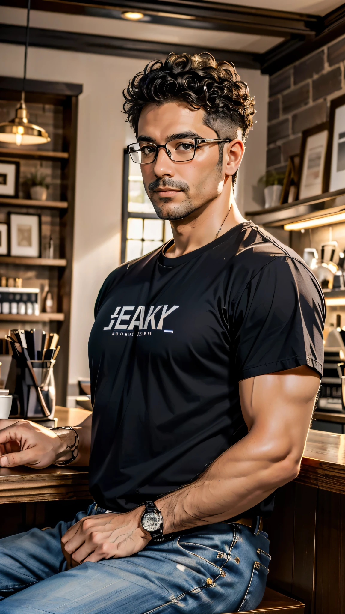 (masterpiece, best quality, RAW photo, trending on artstation) portrait, 1man, middle aged, 45 years old, mixed ethnicity (short curly hair), glasses, dark skin, overweight, sitting, wearing black shirt, geeky, nerd, dad bod, coffee shop background 