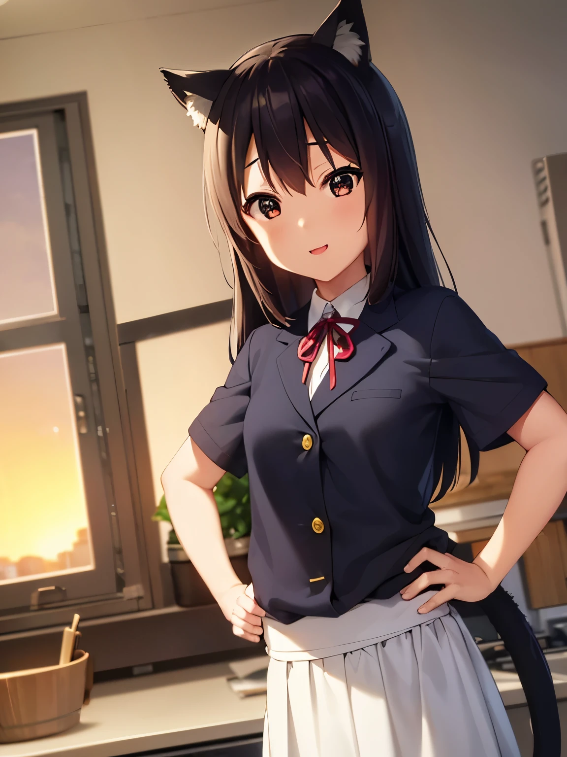 (best quality, masterpiece:1.2), 1girl, (((masterpiece))), top-quality, top-quality, High Details, nakano azusa, 1girl, Cafe waiter uniform, black cat ear, (((black cat ear))), Twin-tailed, length hair, A dark-haired, brown-eyed, solo, reddish, thin red ribbon, Solid white buttoned shirt under blazer, illustratio, comic strip, soothing tones, Subdued Color, Soft cinematic light, adobe lightroom, photolab, HDR, intricately and hyper-detailed、(((depth of fieldasterpiece)))。(((top-quality))).)((ultra-detailliert)))。(((illustratio)))。(((takeout))).dynamic focus.big breasts.(((kitchen))).(((A home))).(((Face of Smile))). open mouth.(((put hands on the hip))).(((up chest))).((morning glow)).((the setting sun)), solo, anime, anime screencap,  ray tracing, global illumination, ultra resolution image, vivid color,  cinematic light,  lens flare,  light on face, glow eyes,  depth of field, happy, detailed background, cute,  straight-on, dive dress, navel,