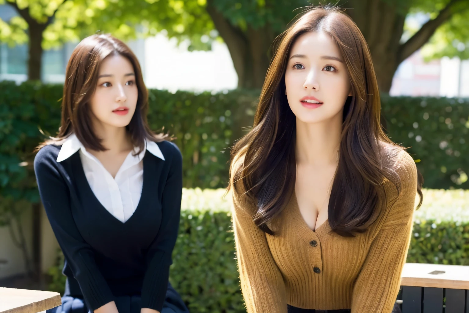 (realistic, High resolution:1.2), 1 girl, very detailed face and eyes, big breasts、early spring clothes、Only a little cleavage is visible、brown hair、medium long hair、Smooth hair、long bob hair、outside、sunny、office、work、uniform、black jumper over white shirt、skirt above the knee、indoor、Looks like they are enjoying the conversation