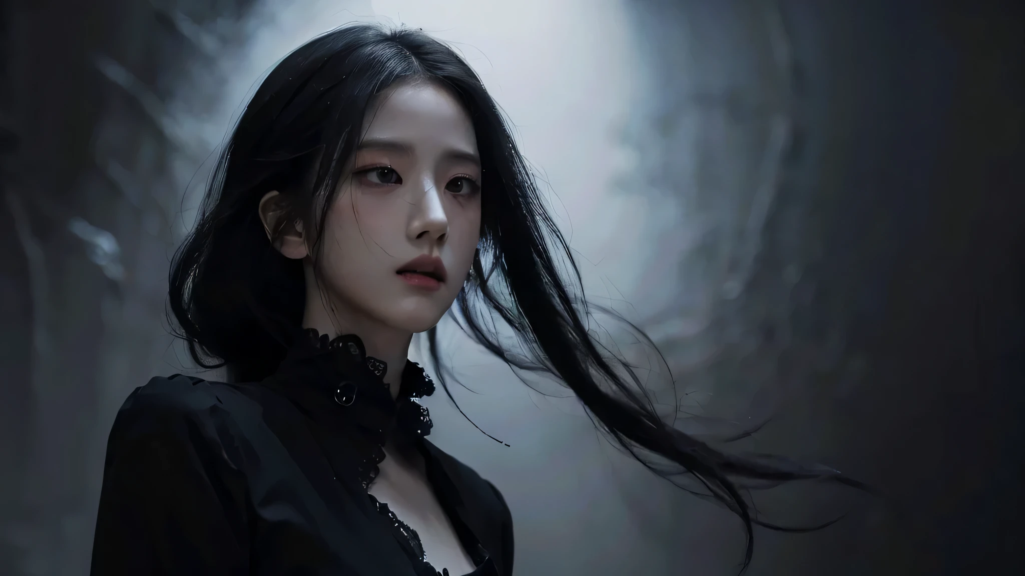 (best quality, highres:1.2), realistic, black dress, black hair, dark theme, black background, intense gaze, elegant posture, flowing dress, detailed facial features, long eyelashes, pale skin, Jisoo Kim, contrast, fine details, dramatic atmosphere, gothic style, intense emotions, monochrome color palette, captivating setting, haunting beauty, artistic photography, everything is black