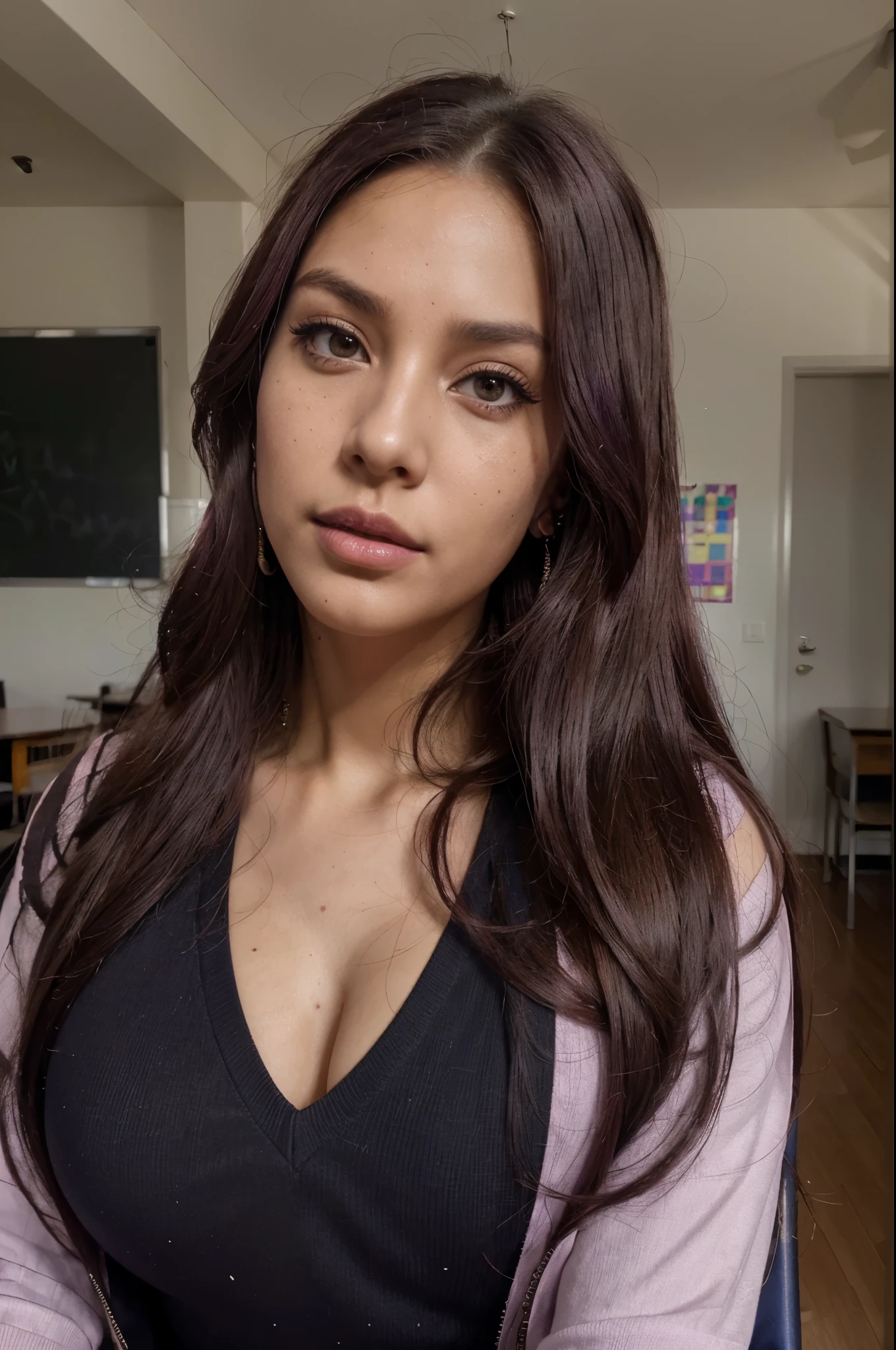 8K,(masutepiece, hight resolution, Best Quality:1.3), 8K, Highly detailed, Convoluted, colorful and vivid images, Sharp Focus, digital blending, 4K, Trending on pixiv Ingrid, ((School uniform)), Solo, 40 year old curve, (dark skinned female:1.15), Dark skin, Posing, crass room, The table, Chair, Warizari, (deadpan:1.2), Looking at Viewer, Cowboy Shot, Pink hair, Very long hair, Ode, Hair intake, Purple Lipstick, makeup, mole under mouth, Perfect, perfect face, ultra-detailed hair, hyperdetailed face, earrings, hyperdetailed lips, large super detailed lipstick,超A high resolution,super realistic skin,