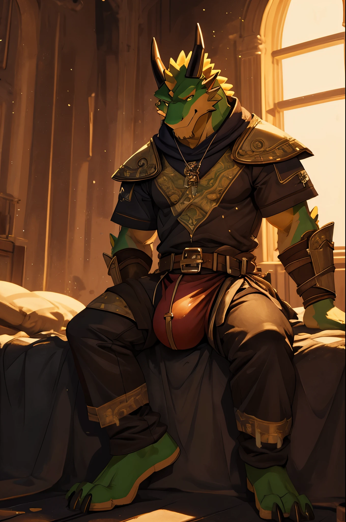 (masterpiece, 4K, ultra detailed)massive green dragon, tight medieval clothing, massive bulge, welcoming smile, Sitting on the bed, legs spread, cinematic lighting,