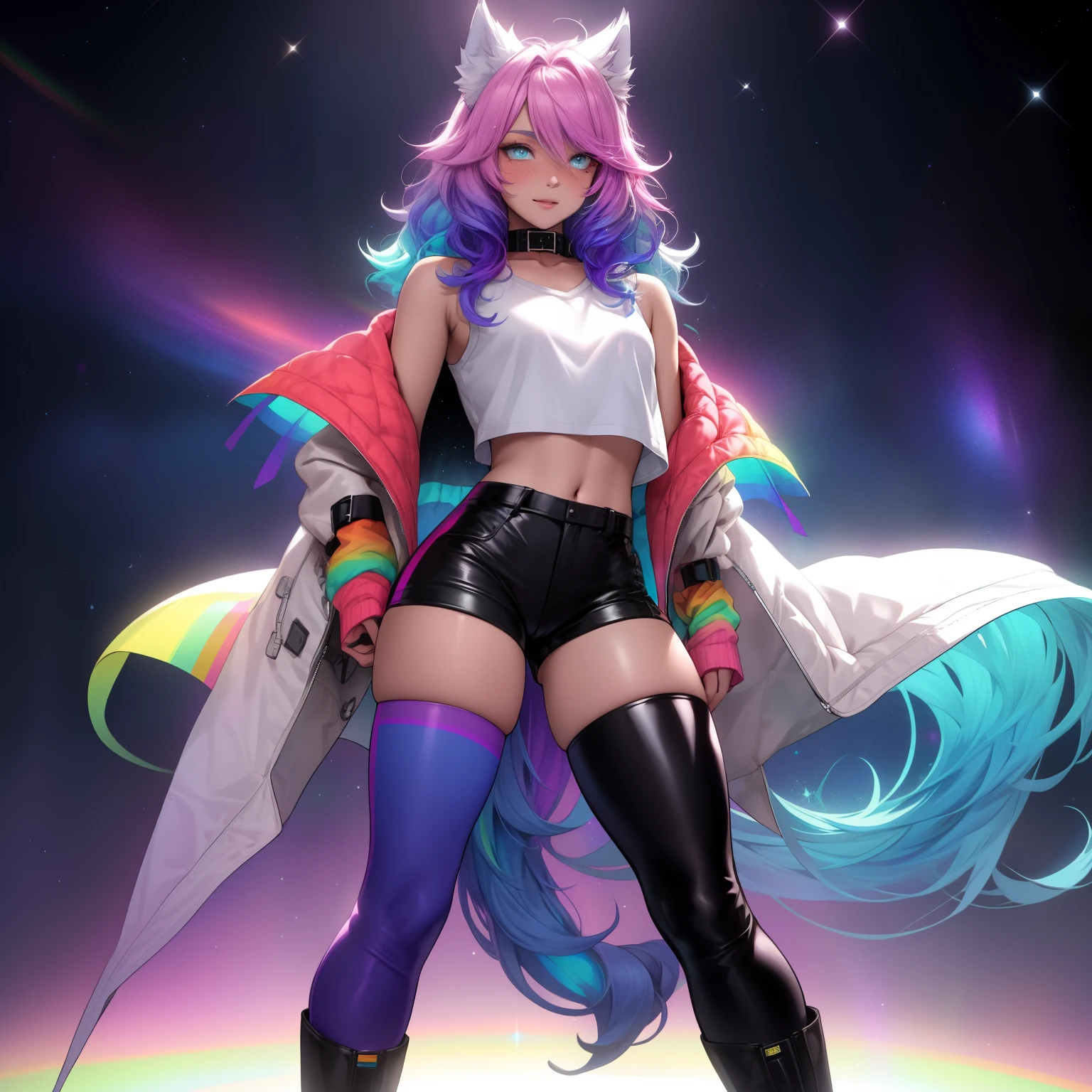 a short, skinny, galactic space young boy wearing a rainbow trench coat with a peacock inspired design, glowing blue eyes, wearing cropped t-shirt, flat chested, flat chest (SUPER FLAT CHEST) has wolf ears and a wolf tail, wide hips, pink lips, thick thighs, has long wavy rainbow gradient colored sparkly hair, twink, happy, blushing, flustered, showing thighs, wearing thigh high boots, wearing short shorts, curvy, solo, alone, (SOLO)(ALONE), has long wavy rainbow gradient colored sparkly hair, dynamic pose, dancing, wearing collar