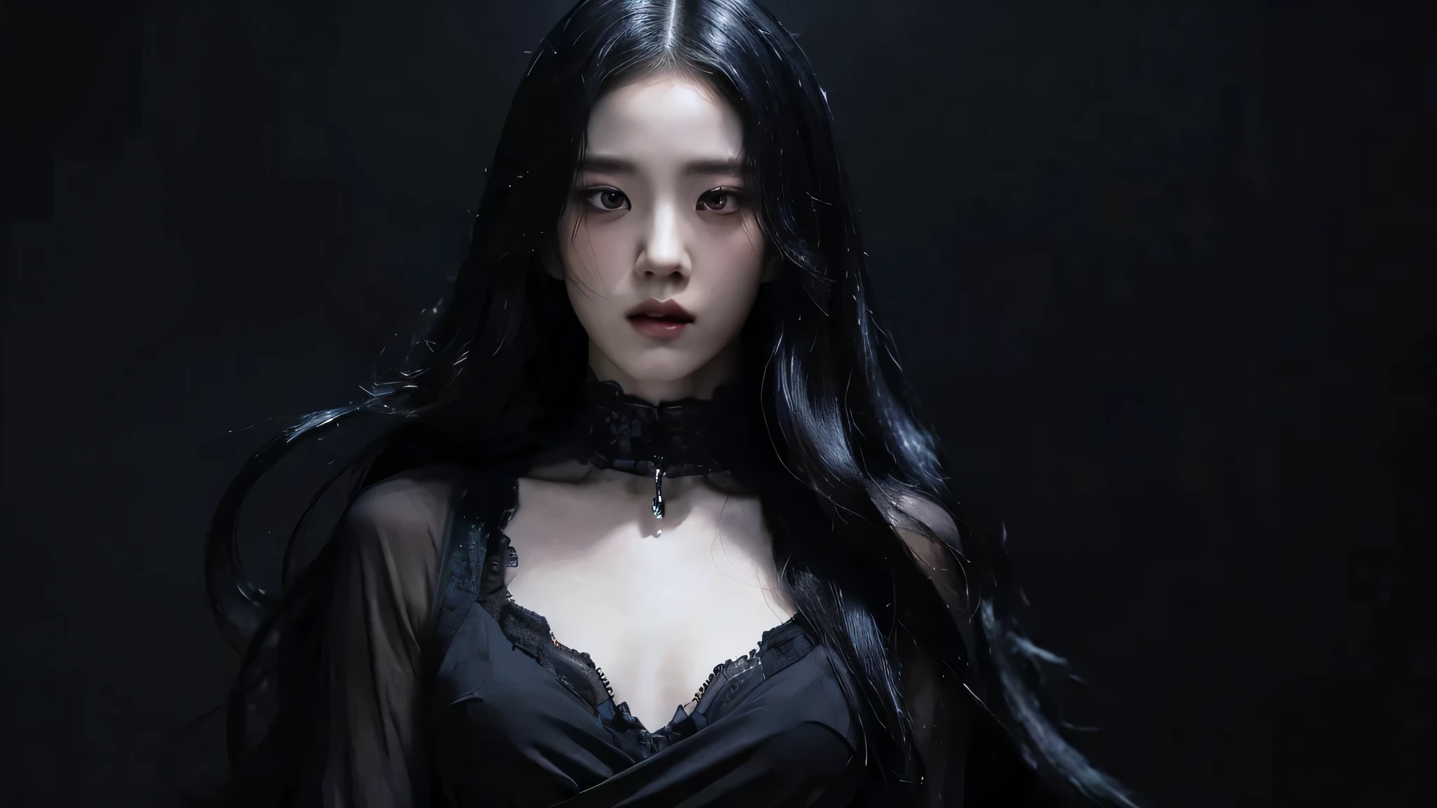 (best quality, highres:1.2), realistic, black dress, black hair, dark theme, black background, intense gaze, elegant posture, flowing dress, detailed facial features, long eyelashes, pale skin, Jisoo Kim, contrast, fine details, dramatic atmosphere, gothic style, intense emotions, monochrome color palette, captivating setting, haunting beauty, artistic photography, everything is black