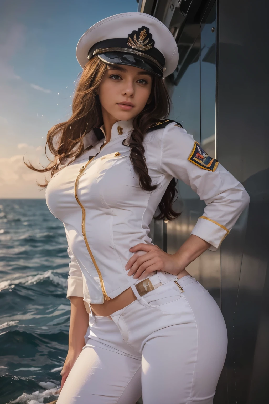 (1 girl),hyperrealistic,beautiful detailed eyes,beautiful detailed lips,extremely detailed eyes and face,longeyelashes,super beauty girl in white military uniform posing on the deck of a warship,big breasts,military uniform trousers,beautiful expression,real leather,top quality,8K,photorealistic,extreme detail description,professional,vivid colors,physically-based rendering,studio lighting,sharp focus,ultra-fine painting,sunset