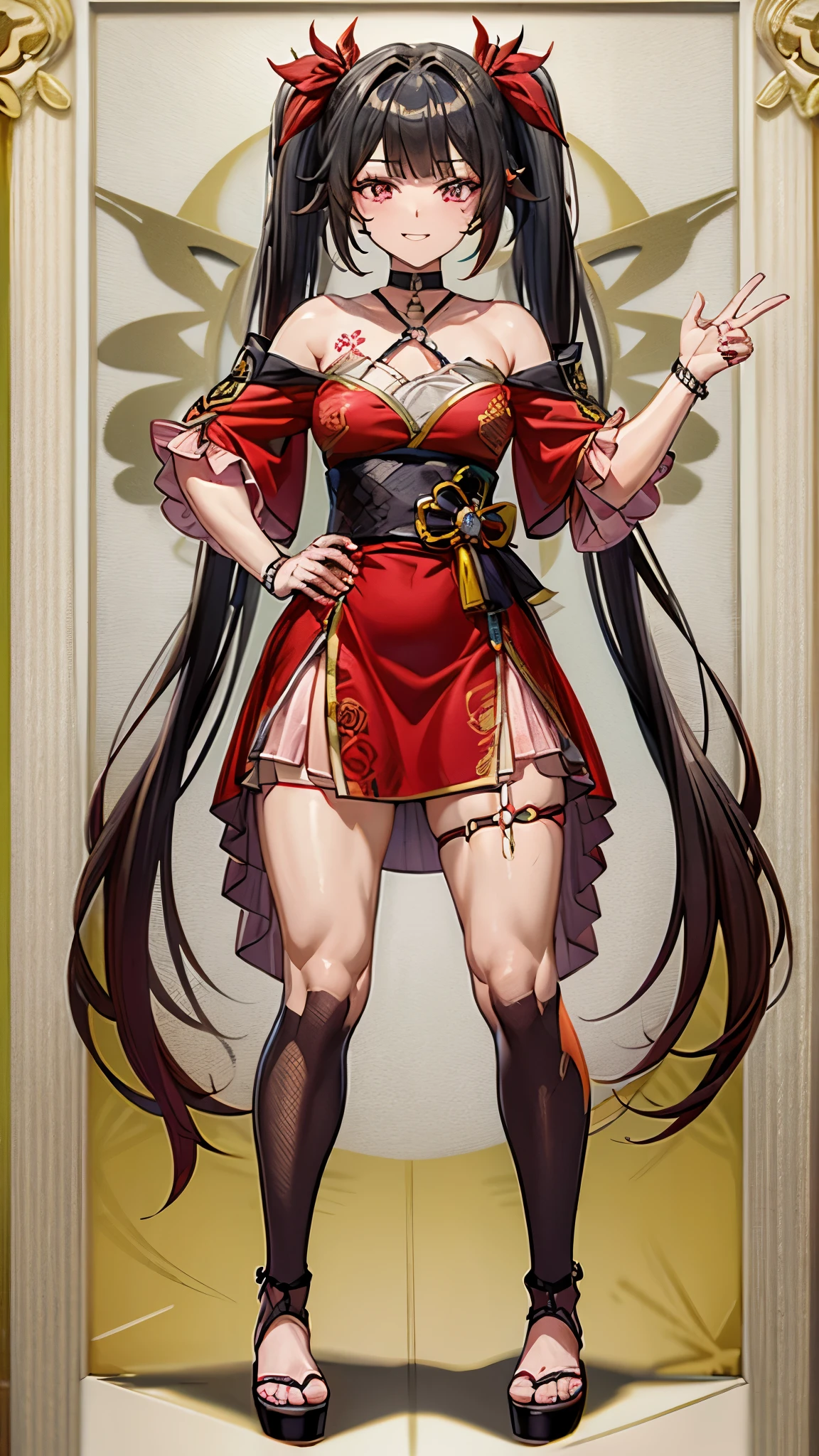 type: Digital Art Style: Anime style Color: Predominantly red with black and white contrasts, Eye color: bright crimson red, with luminous highlights. Hair color Black with red highlights, HAIRSTYLE: Long with twintails, adorned with traditional red and gold hair ornamentischievous and playful smile with a touch of mischief))), sadistic, muscular legs, (((beach scene))), Standing, (full body photo), well-groomed nails, red nails