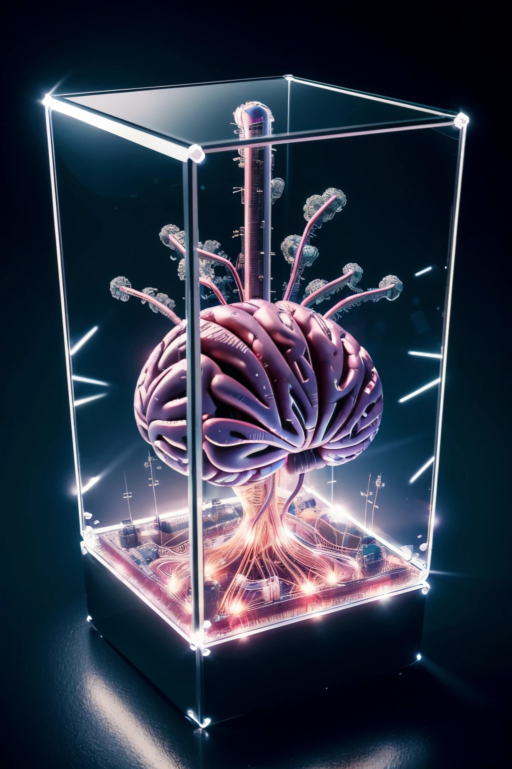 In the heart of a high-tech laboratory, an ultra realistic brain, ((growing in a transparent glass cube)), is being meticulously cultivated by advanced machines. The intricate neural network, powered by this magnificent organ, is adorned with electronic connections, humming softly as they pulse with energy. The style of this project exudes cyberpunk and steampunk influences, blending the gritty reality of the future with the whimsical appeal of science fiction. This brain, broadcasting thoughts in a network, goes from the inside world to the outside, UHD quality, with every detail captured in futuristic art. The 8k resolution showcases each neural filament, neural synapse, and