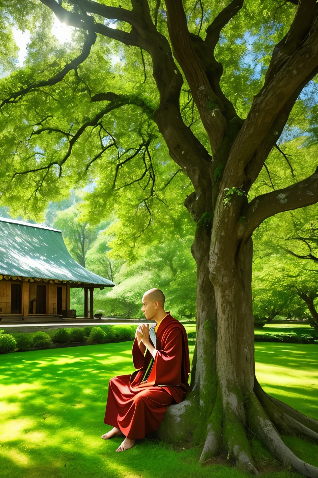 A serene image of a monk deep in contemplation, sitting under the shade of an ancient tree with its leaves gently rustling in the breeze. Dressed in the traditional robes of his order, he closes his eyes, making every effort to live in peace with everyone and to be holy. The peaceful surroundings, with moss growing on the tree trunk and birds singing harmoniously, add to the tranquility of the scene. This inspiring image, reminiscent of the wisdom of the Bible passage - "Make every effort to live in peace with everyone & to be holy; without holiness no one will see the Lord," - is sure to leave a lasting impact on the viewer. (peaceful setting: