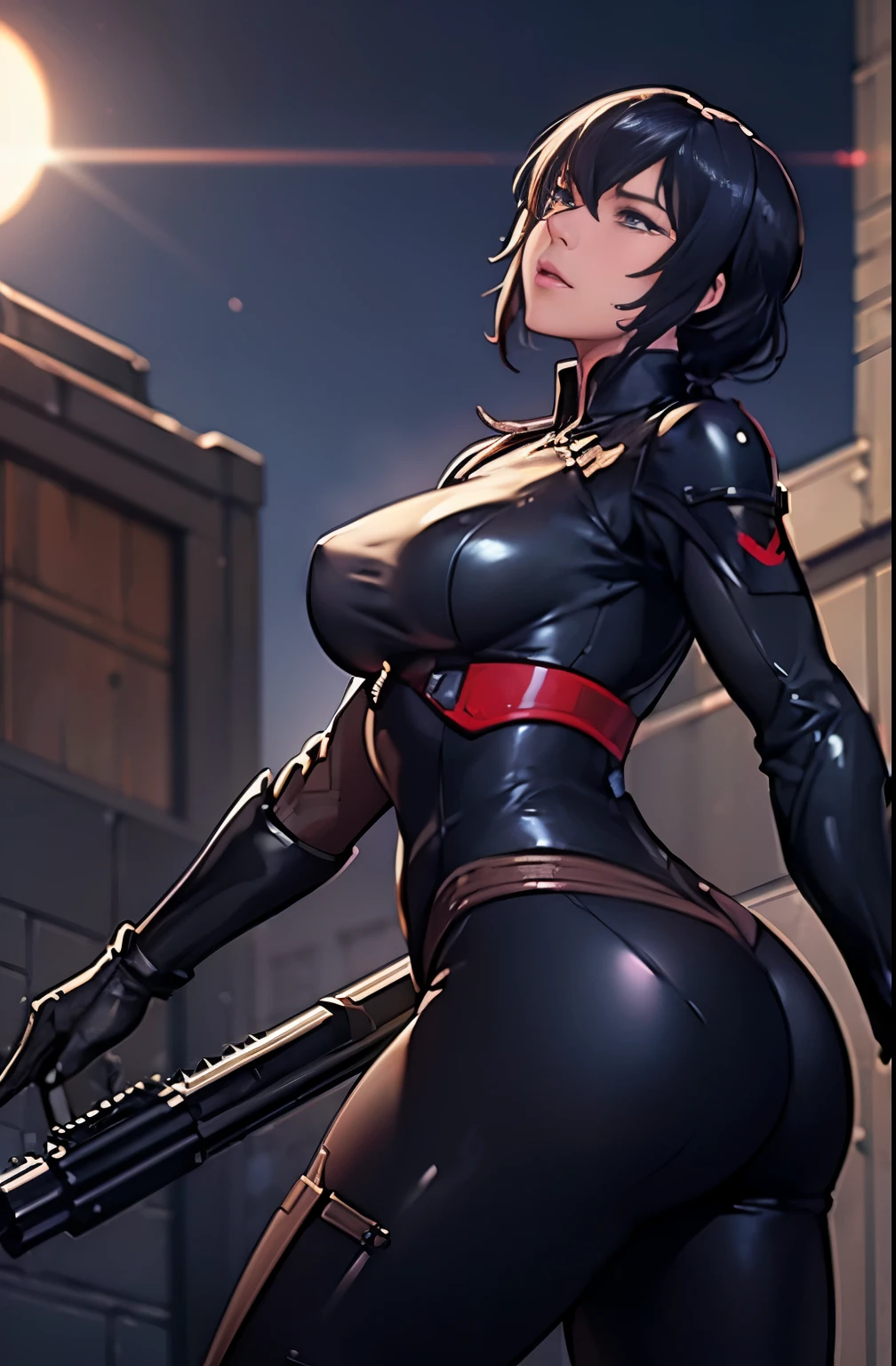 (masterpiece:1.2,highest quality,super detailed,Powerful backlight:1.3,silhouette:1.45),, , //character, 1 solo female mercenary,Ghost in the Shell kusanagi motoko,One eye glows red:1.2,Expression Murderous expression,overlooking the city.black leather tight suit:1.2, Hand holding a huge anti-tank rifle (Winchester Williams .50),standing pose,(Angle of looking up:1.35), , //background, in Rooftop of a building at night background:1.2,,8k,unreal engine 5.unity.octanelenda