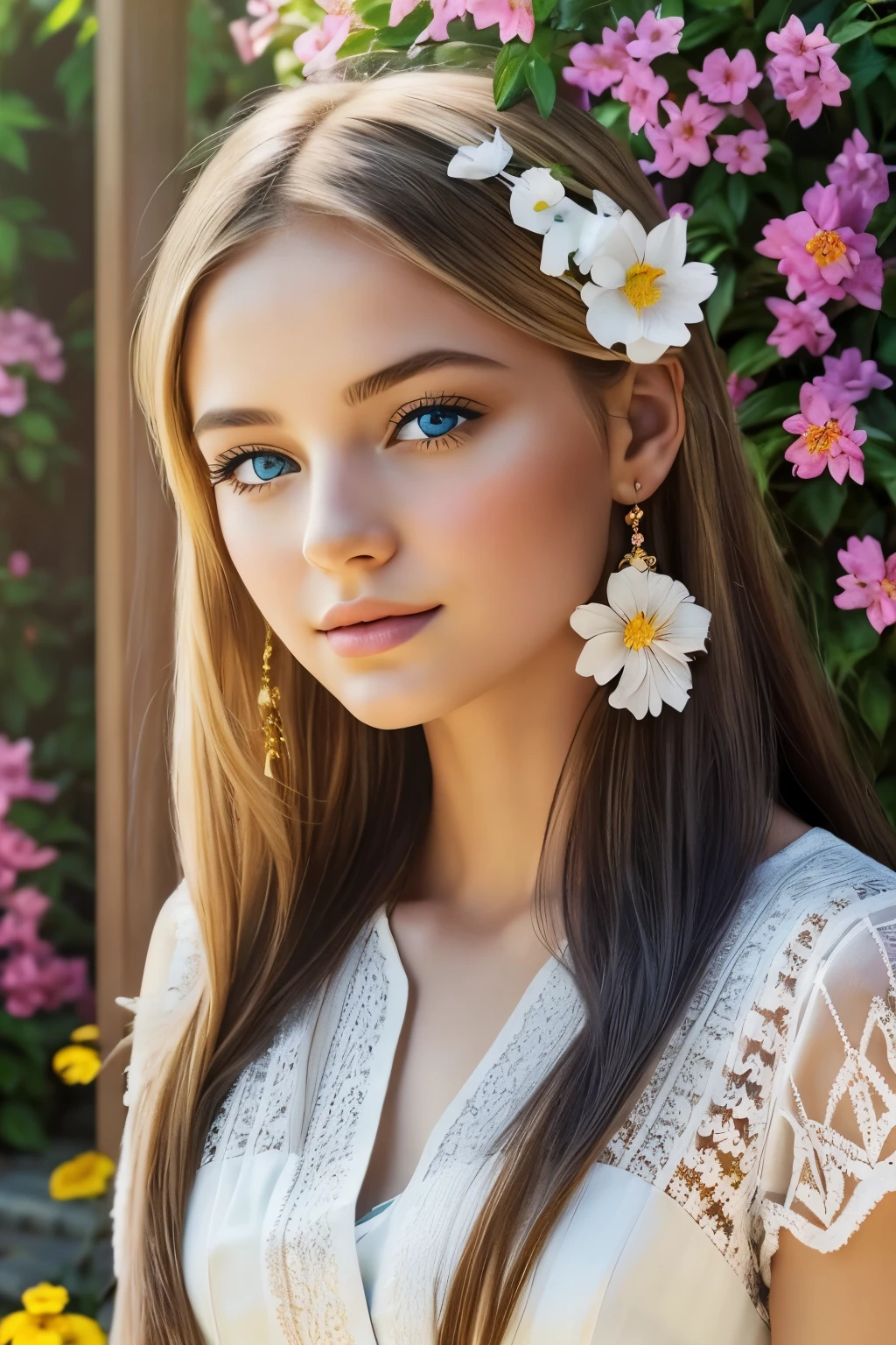 A girl with beautiful detailed blonde hair, bright blue eyes, and rosy lips, sitting in a lush garden. The sunlight softly illuminates her face, casting a warm, golden glow on her porcelain skin. The garden is filled with vibrant flowers of various colors, adding a lively and cheerful atmosphere. The girl wears a flowing white dress that perfectly matches the serene surroundings. The medium used to create this artwork is a realistic oil painting. The artist pays great attention to detail, capturing every strand of the girl's hair, every petal on the flowers, and every delicate feature on her face. The image quality is of the highest standard, with ultra-fine painting techniques and sharp focus. The colors are vivid and vibrant, creating a visually stunning composition. The overall mood of the artwork is tranquil and peaceful, inviting the viewer to immerse themselves in the beauty of the scene. The lighting in the garden is soft but illuminating, emphasizing the natural elements and enhancing the serene ambiance.