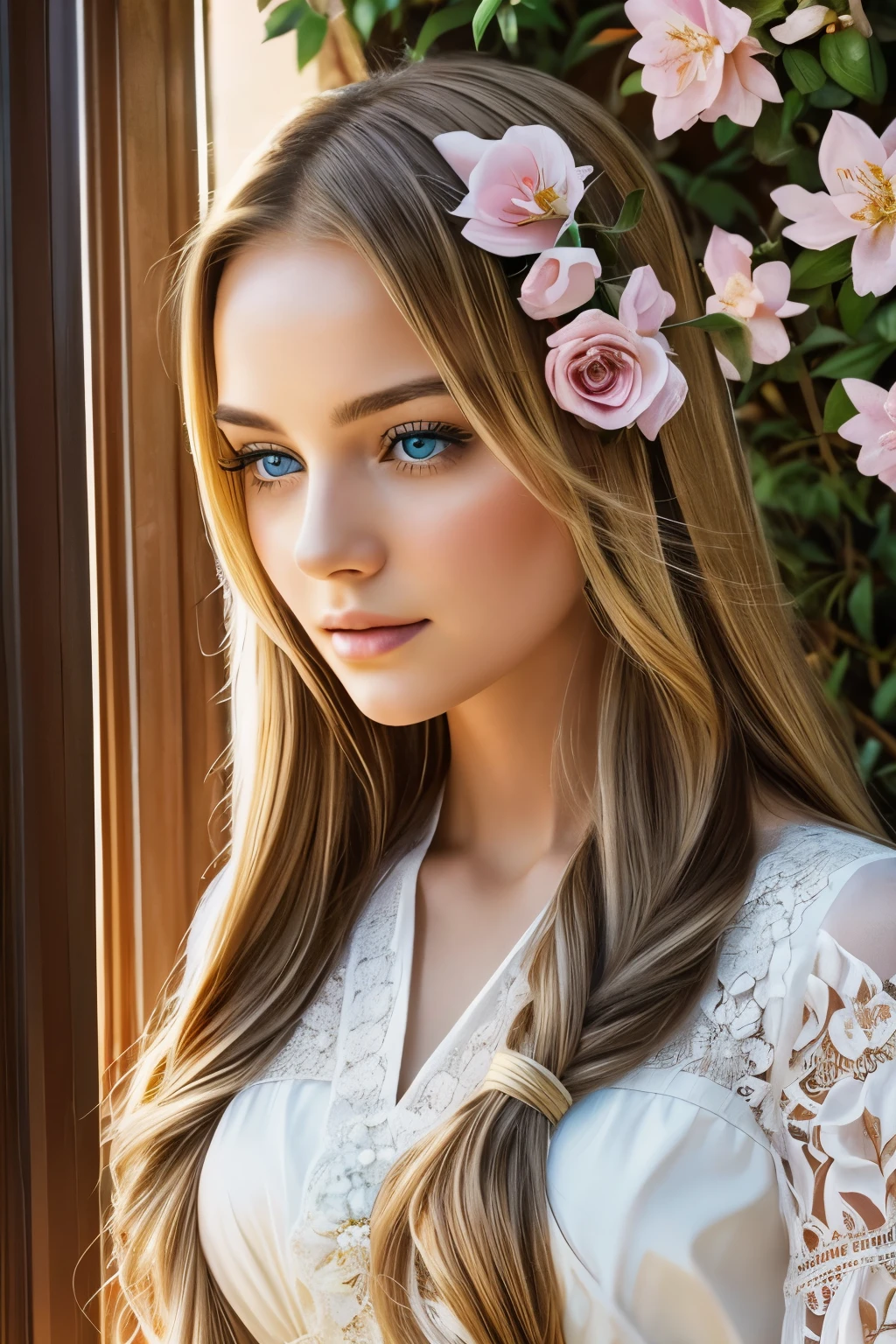 A girl with beautiful detailed blonde hair, bright blue eyes, and rosy lips, sitting in a lush garden. The sunlight softly illuminates her face, casting a warm, golden glow on her porcelain skin. The garden is filled with vibrant flowers of various colors, adding a lively and cheerful atmosphere. The girl wears a flowing white dress that perfectly matches the serene surroundings. The medium used to create this artwork is a realistic oil painting. The artist pays great attention to detail, capturing every strand of the girl's hair, every petal on the flowers, and every delicate feature on her face. The image quality is of the highest standard, with ultra-fine painting techniques and sharp focus. The colors are vivid and vibrant, creating a visually stunning composition. The overall mood of the artwork is tranquil and peaceful, inviting the viewer to immerse themselves in the beauty of the scene. The lighting in the garden is soft but illuminating, emphasizing the natural elements and enhancing the serene ambiance.