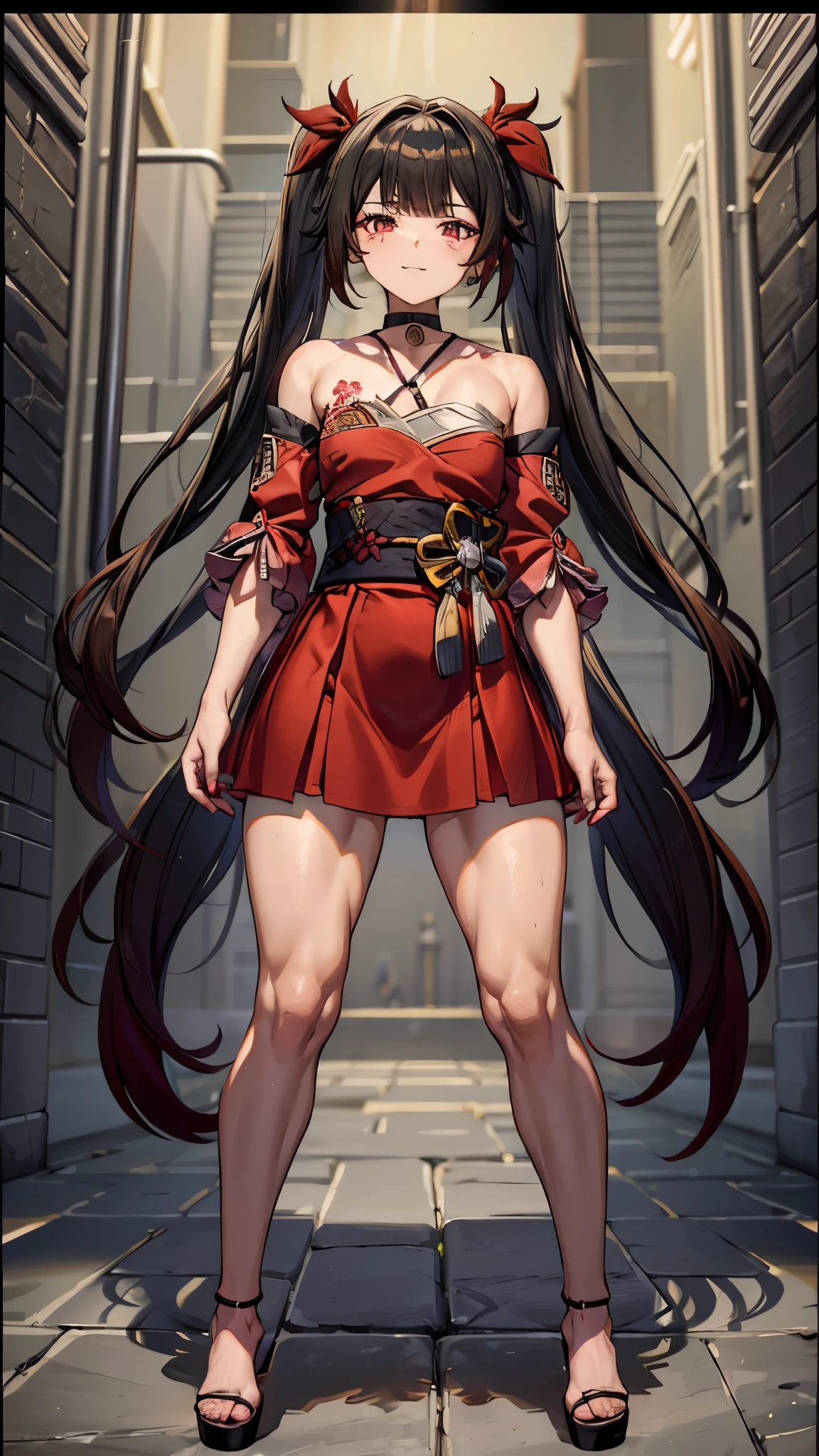 type: Digital Art
Style: Anime style Color: Predominantly red with black and white contrasts,
Eye color: bright crimson red, with luminous highlights.
Hair color Black with red highlights,
HAIRSTYLE: Long with twintails, adorned with traditional red and gold hair ornamentischievous and playful smile with a touch of mischief))), sadistic, muscular legs, (((beach scene))), Standing, (full body photo), well-groomed nails, red nails