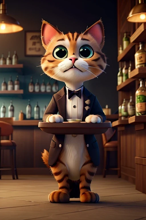 Cat bartender at the restaurant bar, in a stylish bartender uniform, dark graphite and light green colors, background - professional coffee machine, bar equipment, cat face close up, Positive character, very nice, pitiful eyes, tears are coming, on the cat's face, Groovy emotions after the guest, makes eye contact, waiting look, paws on the crossbar, waiting cat pose, calls guests with paws, set a gastronomic style, the image is decorated in dark graphite and light green colors, good light, Loft style, modern bar area interior