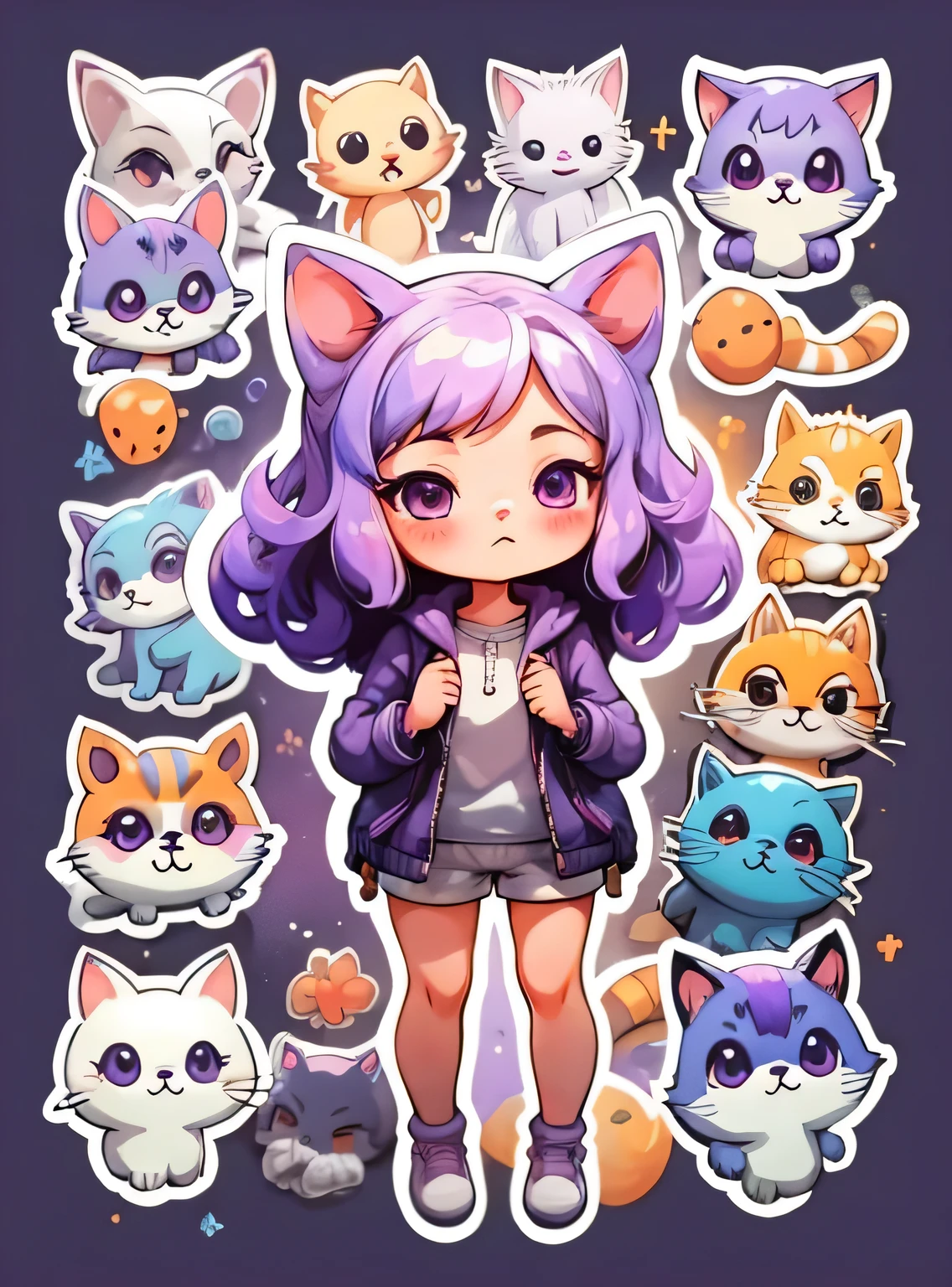 1 garota, fundo simples,3d,mini, Corpo todo,cabelo roxo,pano roxo,com um gato
