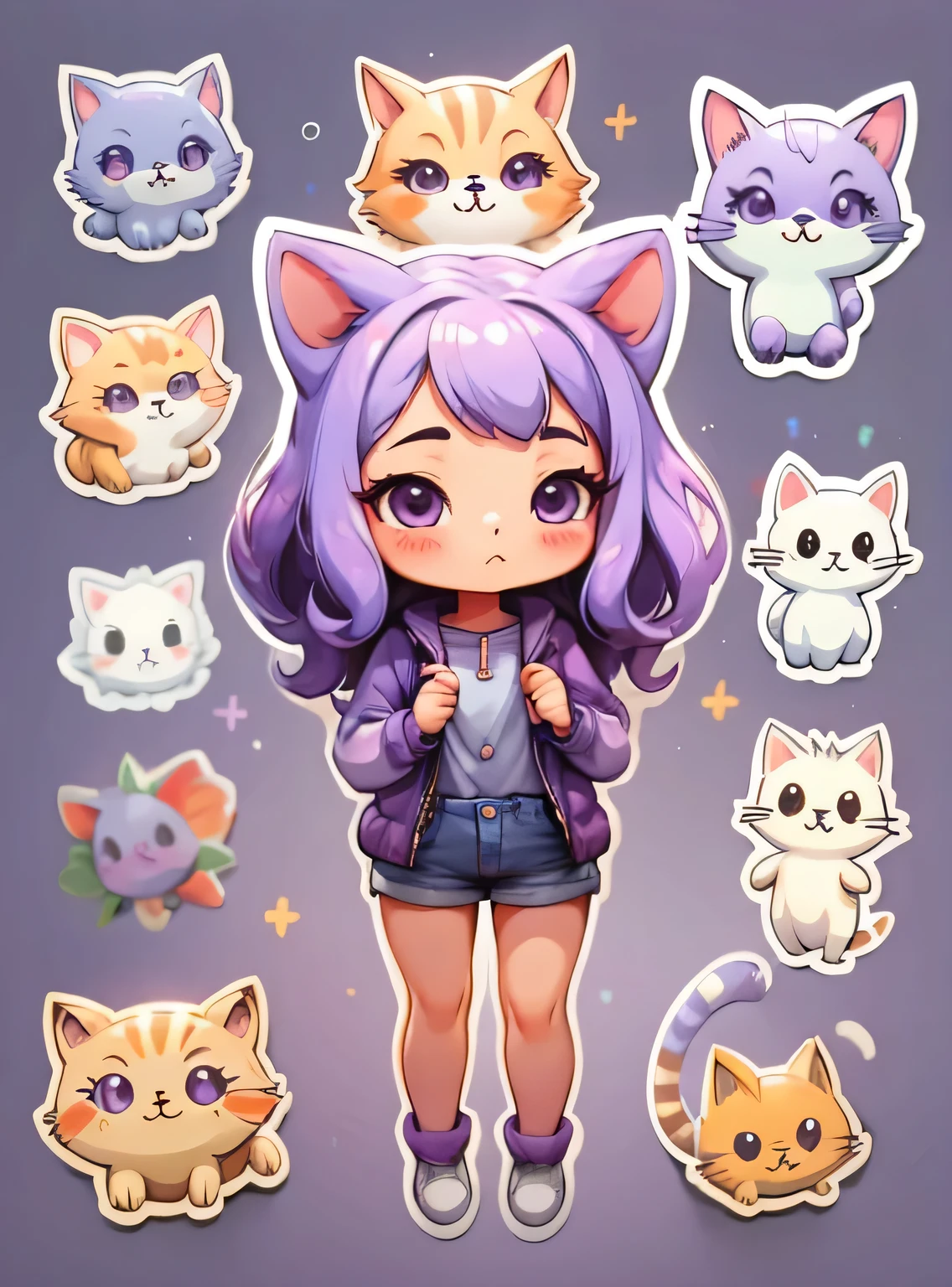 1 garota, fundo simples,3d,mini, Corpo todo,cabelo roxo,pano roxo,com um gato