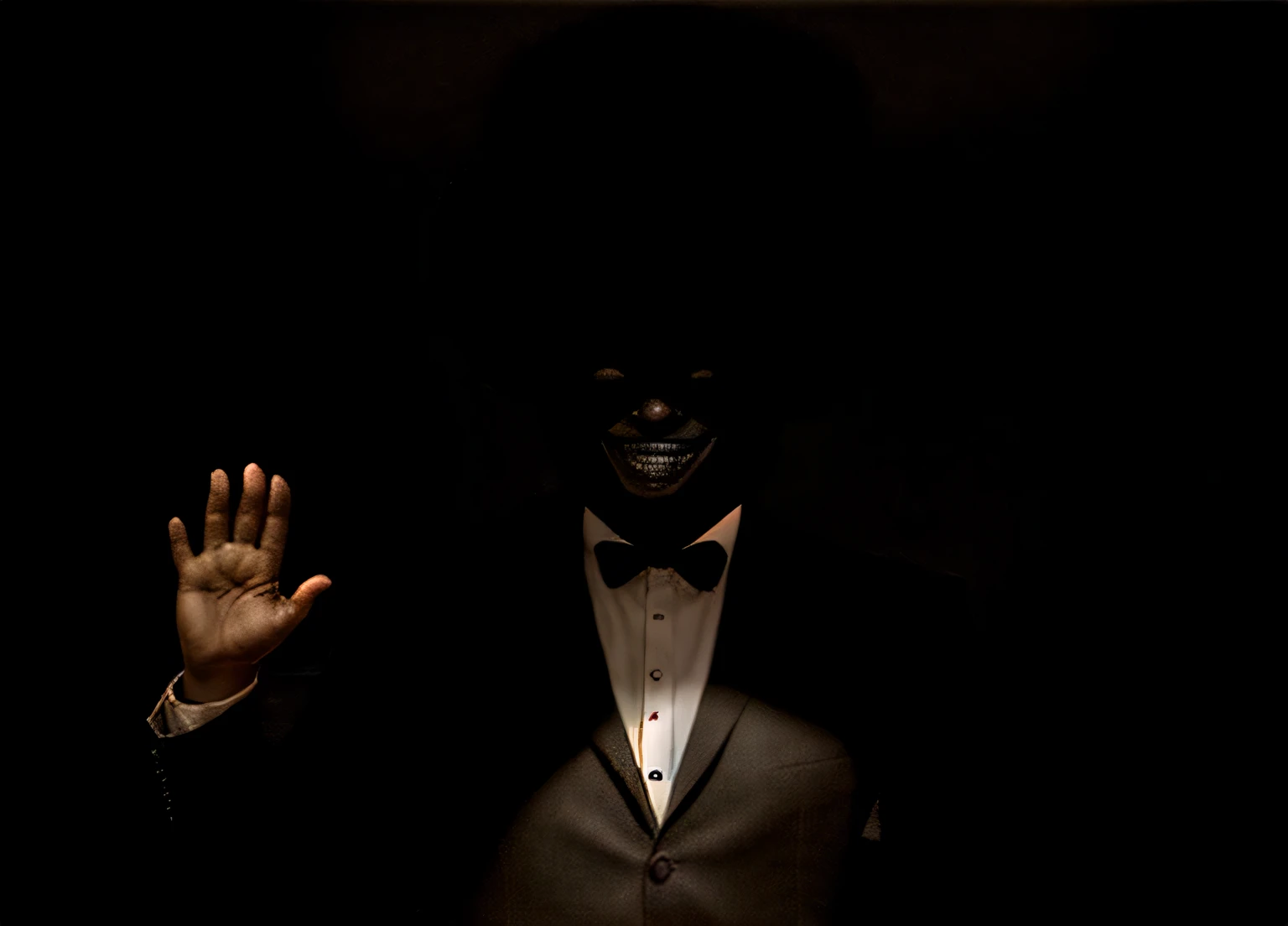 black guy standing in front frame, black fedora, in black suit, hands raised upward, face covered in shadow, creepy smile