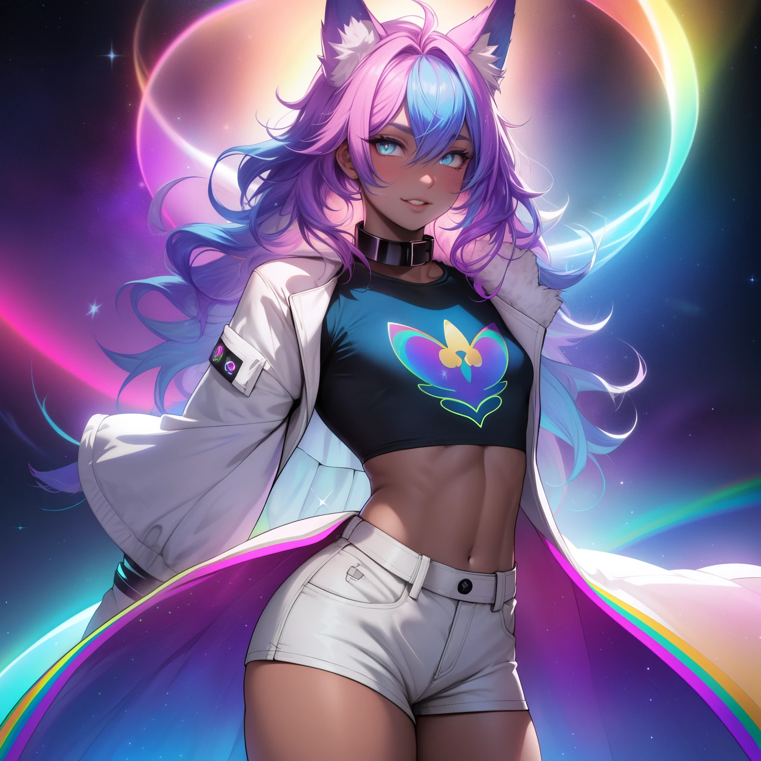a short, skinny, young wearing a galactic peacock inspired outfit, glowing blue eyes, wearing a sheer rainbow peacock fur lined robe, flat chested, flat chest (SUPER FLAT CHEST) has wolf ears and a wolf tail, wide hips, pink lips, thick thighs, has long wavy rainbow gradient colored sparkly hair, twink, happy, blushing, flustered, curvy, solo, alone, (SOLO)(ALONE), has long wavy rainbow gradient colored sparkly hair, dynamic pose, slutty pose, wearing collar, showing thighs, round crotch bulge , prominent thighs, masterpiece, wearing kawaii heart covered panties with graphics on them, shirtless, is male
