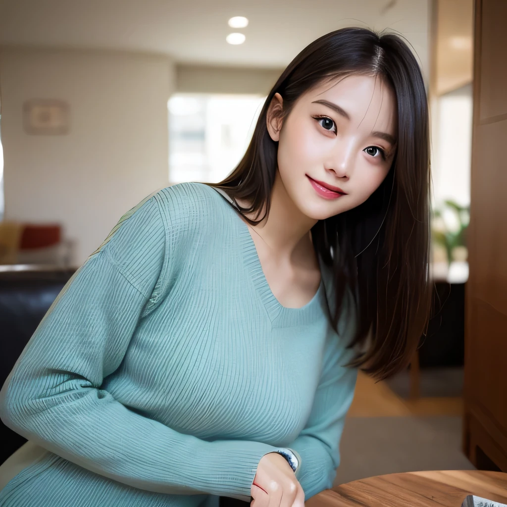 table top, highest quality, shape, Super detailed, finely, High resolution, 8k wallpaper, Perfect dynamic composition shape, beautiful and detailed eyes,straight hair,,natural color lip, random sexy pose,smile,Shibuya Ward、20 year old girl、cute、sexy shot looking at camera、Posing as a fashion gravure model、hair blowing in the wind,long sleeve sweater dress,narrow side,slender body,RAW photo,living room,self snap、small breasts、