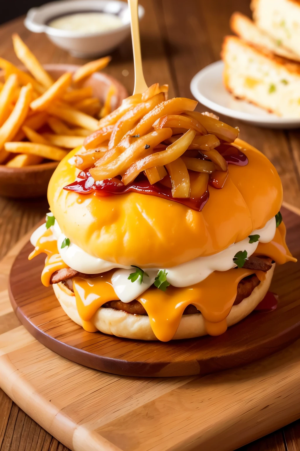 Masterpiece illustration of French fries topped with a rich and velvety cheese sauce, Chipotle sauce artfully spread and grilled onions delicately added on top. The simple yet enticing presentation showcases the perfect blend of savory, tangy, and cheesy flavors in every bite. (gastronomic delight:1.3), (mouthwatering:1.5), (scrumptious:1.4), best quality, ultra high resolution, (delicately:1.2), (appetizing:1.3)