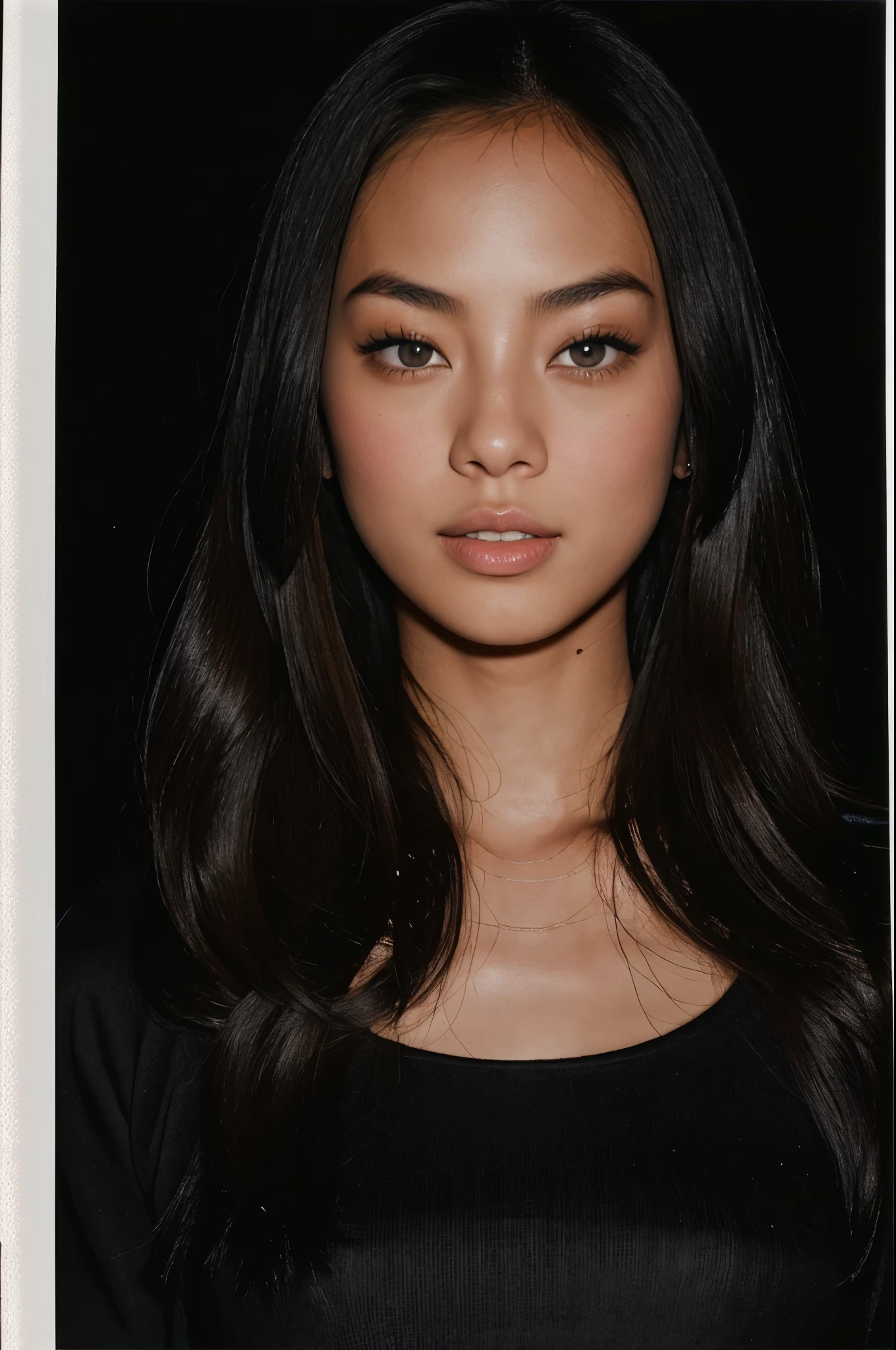 arafed instagram asian supermodel, biracial features, mid-length black hair, pale skin, perfect face, looking hot, Victoria secret model body, Lalisa,chloe bennet, harsh polaroid flash, vintage quality, in the night, dark background, one girl