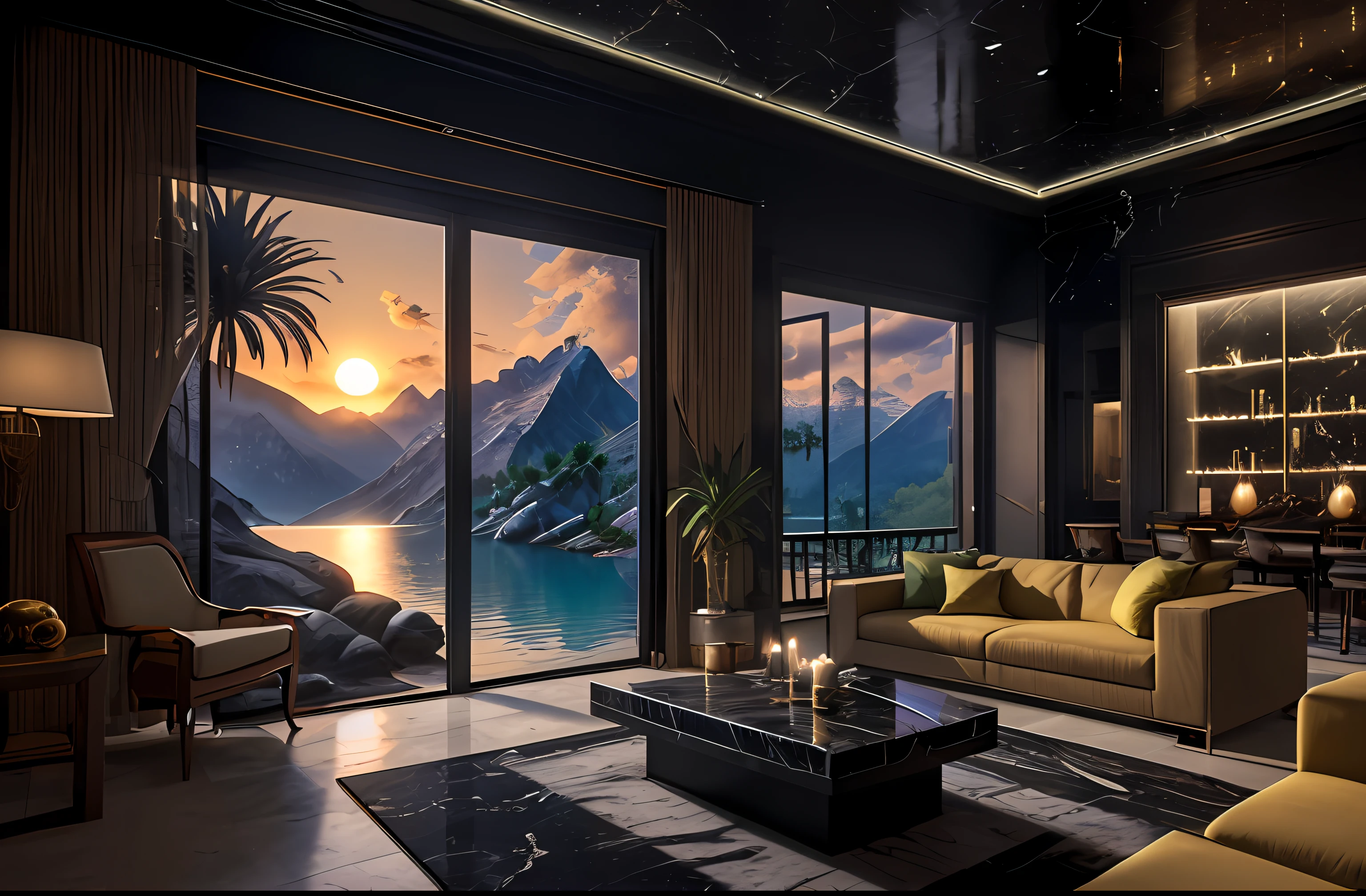 hut, mountains, yellow light, sunset, candles, landscape, lake, amazing luxurious futuristic interior in ancient egyptian style with many ((lush plants)) (lotus flowers), ((palm trees)), rocky walls, (sand), (waterfallarble), ((precious mineraletals)), (precious stones), crystals, clouds and ((water)), (futuristic luxury furniture), crocodiles, ((hieroglyphics)), ((ultra luxury))), (black marble) – with ((beautiful lights)), Unreal Engine, HQ, 16k