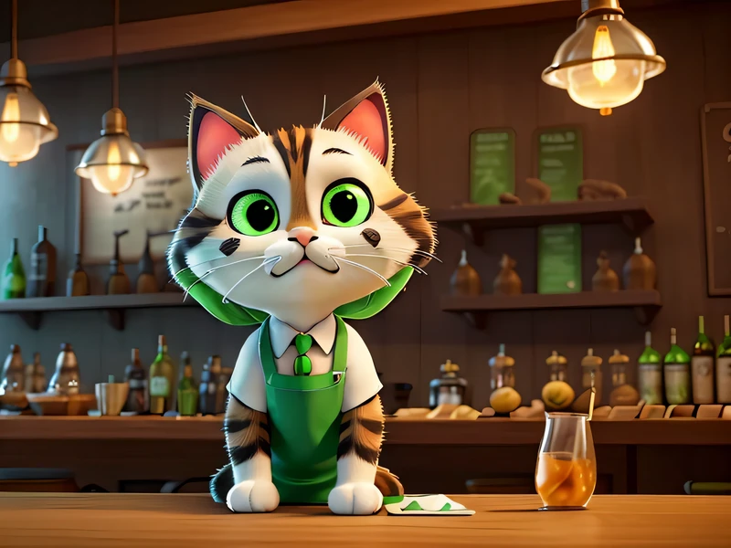 Cat bartender in a restaurant-bar, very nice, detailed drawing of the muzzle, Big eyes, full of tears, Bartender emotions, waiting for guests, the apron is decorated in graphite and light green tones, Loft style, design in dark graphite and light green tones, add gastronomic style