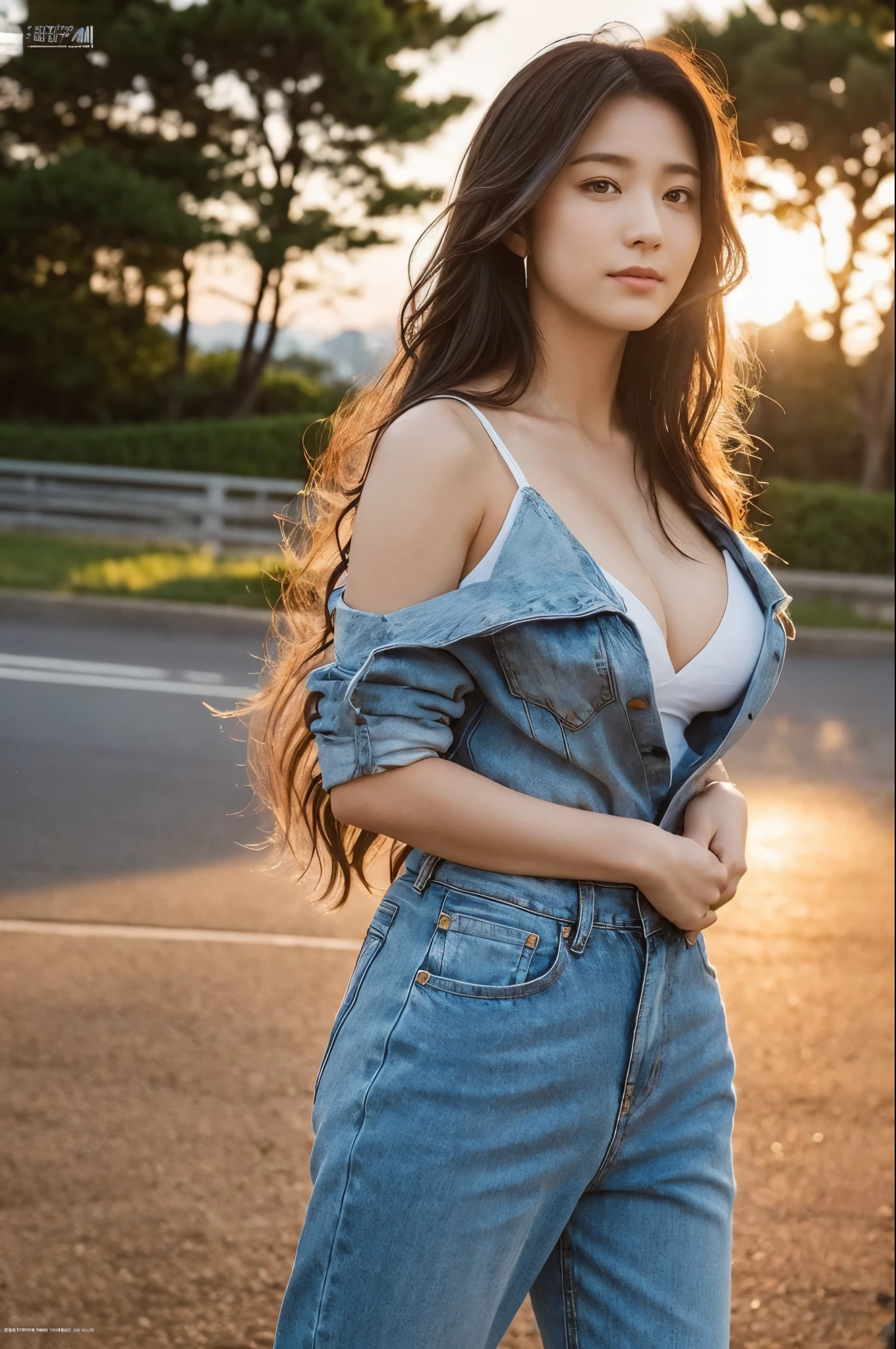prospect: gorgeous woman , wind-wet wavy hair. she is a model for a men&#39;s magazine, She flirts with the camera with a subtle smile, (she wears a casual shirt、wearing leggings), beautiful background scenery, (in the light of the sunset), , perfect eyes, perfect hands, perfect body, perfect hair, perfect breasts, hair behind the ear, masterpiece, Accurate, anatomically correct, rough skin, Super detailed, advanced details, high quality, Awards, 最high quality, High resolution, 16k, 8k, back view looking at camera,Landscape、kimura 、cleavage