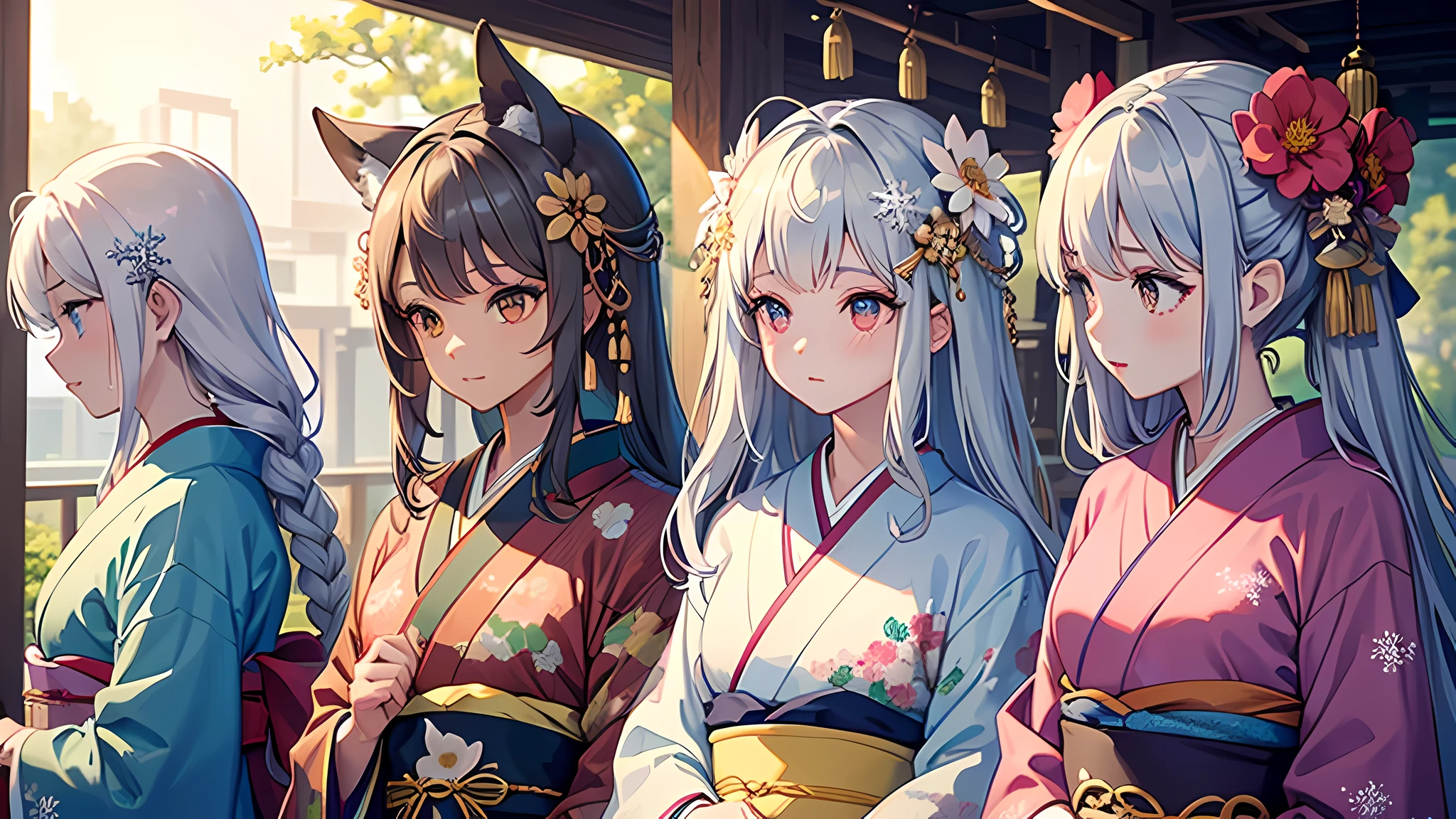 (mie girl), ((beauty)), (eye shadow, beautiful makeup), (gray hair, silver hair,), (long hair), hair blowing in the wind: 1.2, (snowflake hair ornament), brown eyes, No expression, (floral kimono)), (gorgeous kimono)), ((gorgeous kimono)), ((gorgeous obi)), (flower view)), animal fluffy ears: 1.2, (masterpiece: 1.4), (highest quality: 1.4), super detailed, (sense of depth),