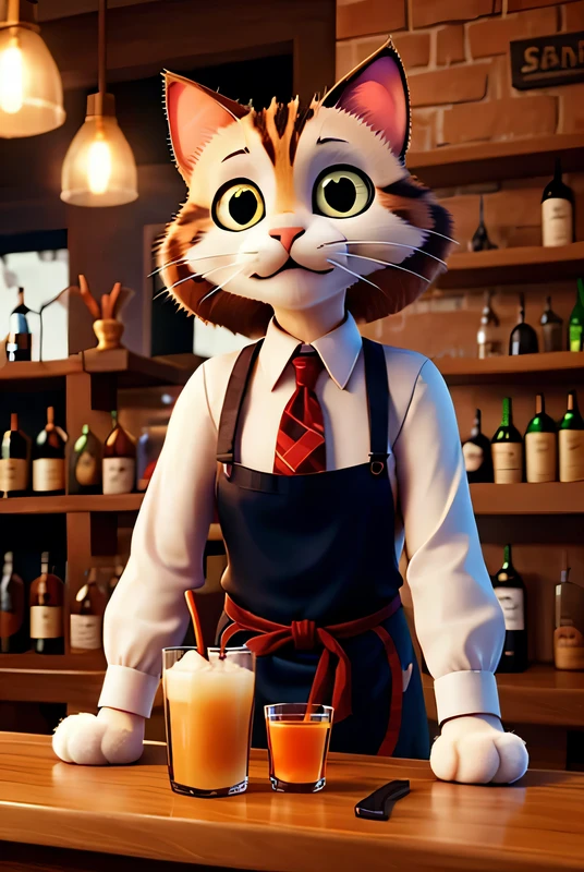 Cat bartender in a restaurant-bar