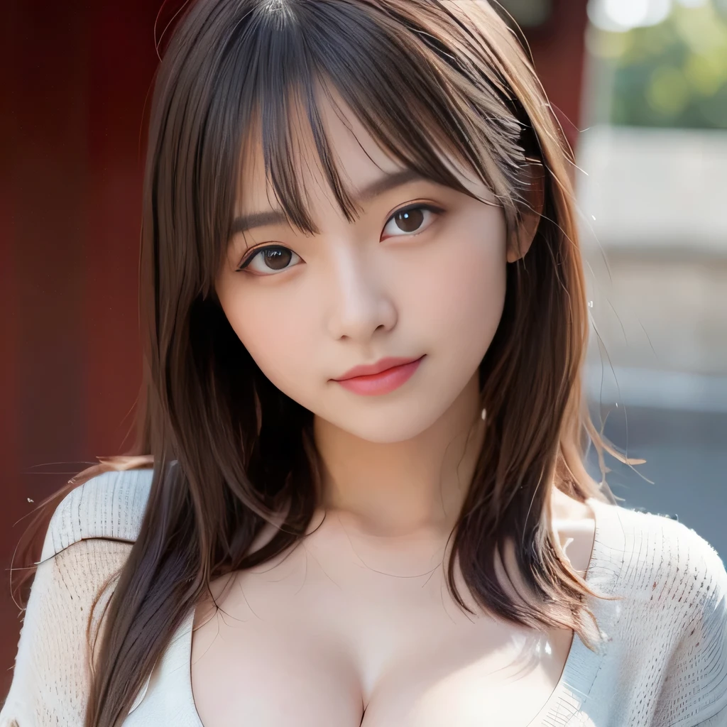 (masterpiece:1.3), (8k, Photoreal, RAW photo, best image quality: 1.4), japanese girl、、(random hairstyle:1.2)、(cleavage:1.2)、super detail face、pay attention to details、double eyelid、chest to chest、sharp focus:1.2、(cute woman:1.4)、light brown hair、bangs、highest quality、ultra high resolution、(Photoreal:1.4)、Highly detailed and professionally lit smiles、loose and light knitwear、thin、smile、long hair、upper body portrait