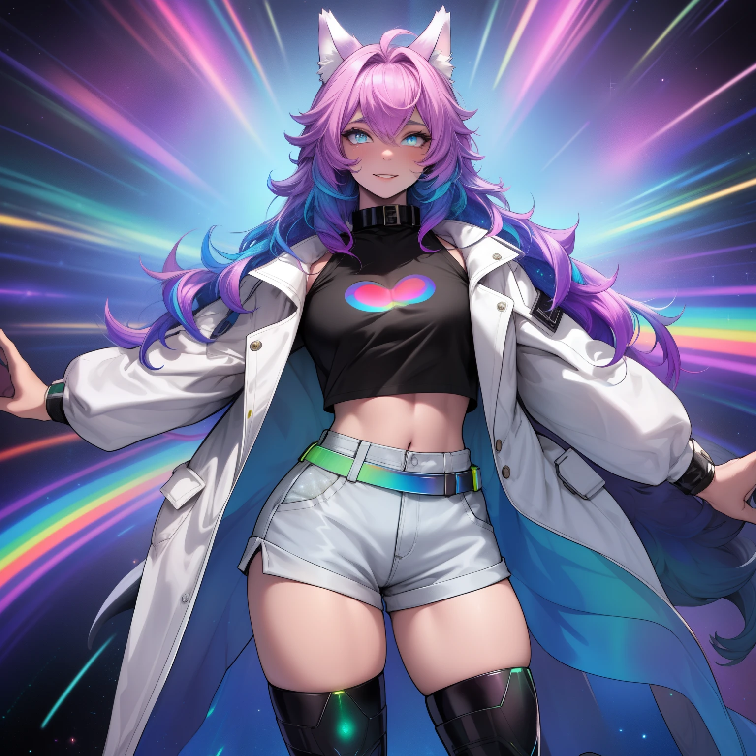 a short, skinny, galactic space young boy wearing a rainbow trench coat with a peacock inspired design, glowing blue eyes, wearing cropped t-shirt, flat chested, flat chest (SUPER FLAT CHEST) has wolf ears and a wolf tail, wide hips, pink lips, thick thighs, has long wavy rainbow gradient colored sparkly hair, twink, happy, blushing, flustered, showing thighs, wearing thigh high boots, wearing short shorts, curvy, solo, alone, (SOLO)(ALONE), has long wavy rainbow gradient colored sparkly hair, dynamic pose, dancing, wearing collar