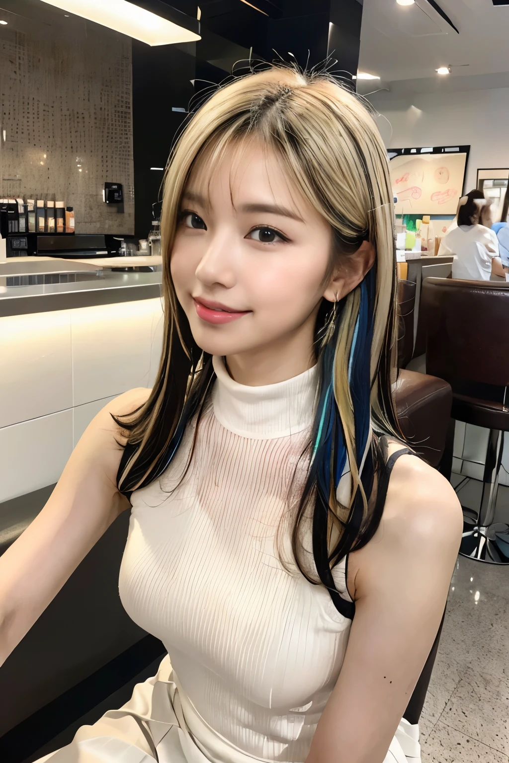 (masterpiece:1.3), High resolution, super detailed, Highly detailed CG Unity 8k wallpaper, realistic, photo-realistic, RAW photo, beautiful and detailed face, white skin, realistic glistening skin, fine cloth texture, detailed hair texture, perfect body, beautiful face, Accurate, anatomically correct, Highly detailed face and skin texture, natural neck length, (beautiful hands),
break,
fine eyes, symmetrical eyes, light brown eyes, double eyelid, thin eyebrows, (sexy lips:1.3), (glossy lips:1.4),
break,
(classy and cute girl:1.3), ((wearing a sleeveless white dress), (high neck halter neck:1.3), (pleated skirt:1.2), medium breasts, firm chest, well-shaped chest, slender body shape :1.1, strong abdominal muscles, (A face waiting for a kiss:1.2), (smile:1.1), (blonde hair, multi-colored inner hair, flowing bangs:1.3),
break,
(Sit across from each other with a cold drink in a stylish cafe:1.2), (focus on the face:1.2), (cowboy shot), looking at the viewer, (From before:0.65),