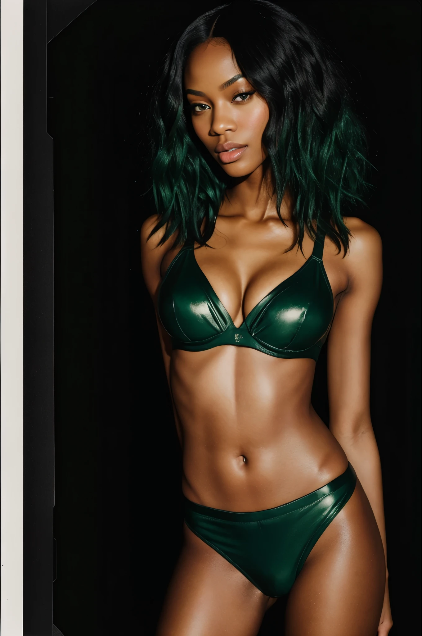 arafed instagram black supermodel, biracial features, mid-length green hair, pale skin, perfect face, looking hot, Victoria secret model body, megan good harsh polaroid flash, vintage quality, in the night, dark background, one girl