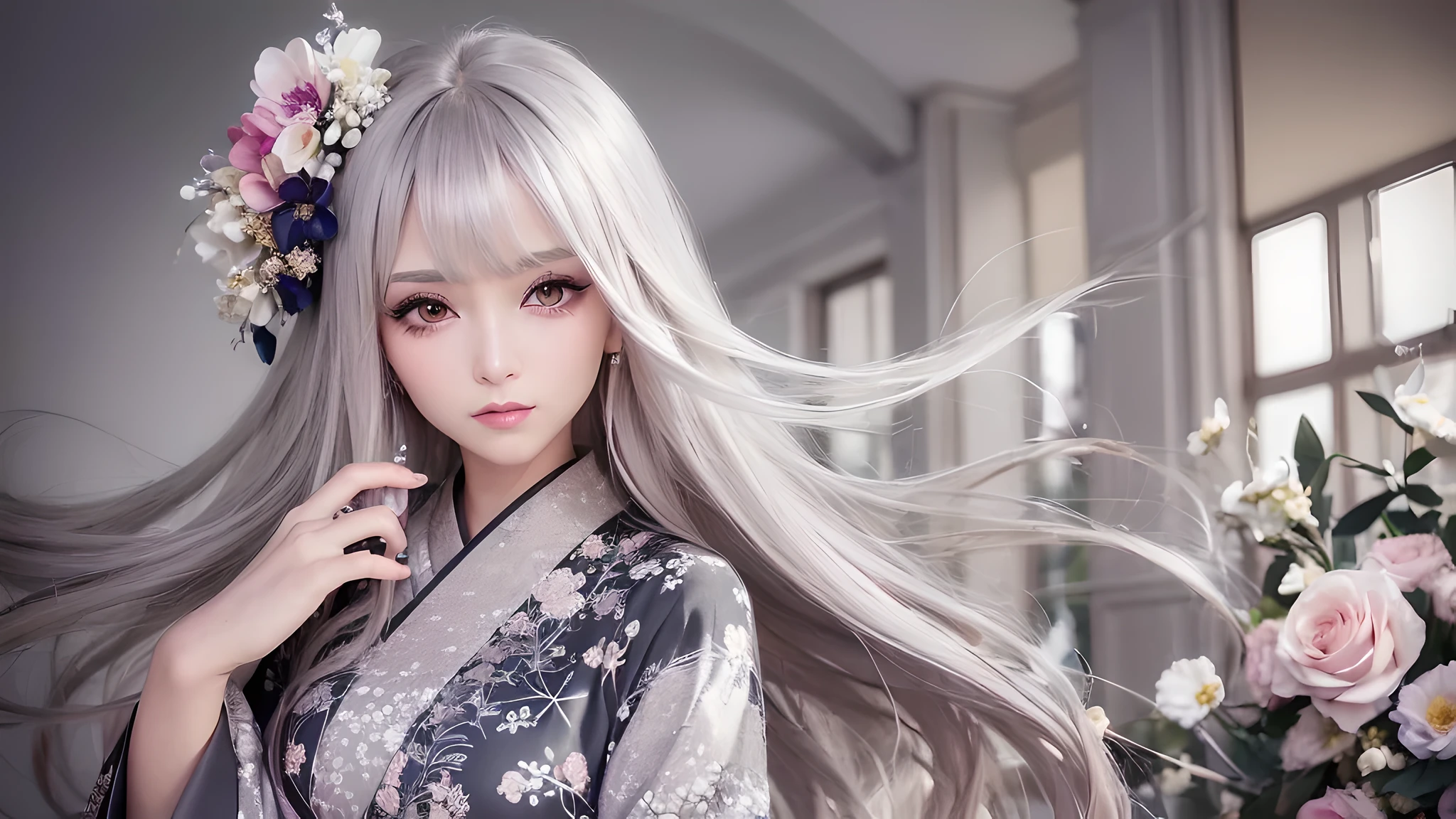 ((beauty)), (eye shadow, beautiful makeup), (gray hair, silver hair,), (long hair), hair blowing in the wind: 1.2, (snowflake hair ornament), brown eyes, No expression, (floral kimono)), (gorgeous kimono)), ((gorgeous kimono)), ((gorgeous obi)), (flower view)), animal fluffy ears: 1.2, (masterpiece: 1.4), (highest quality: 1.4), super detailed, (sense of depth),