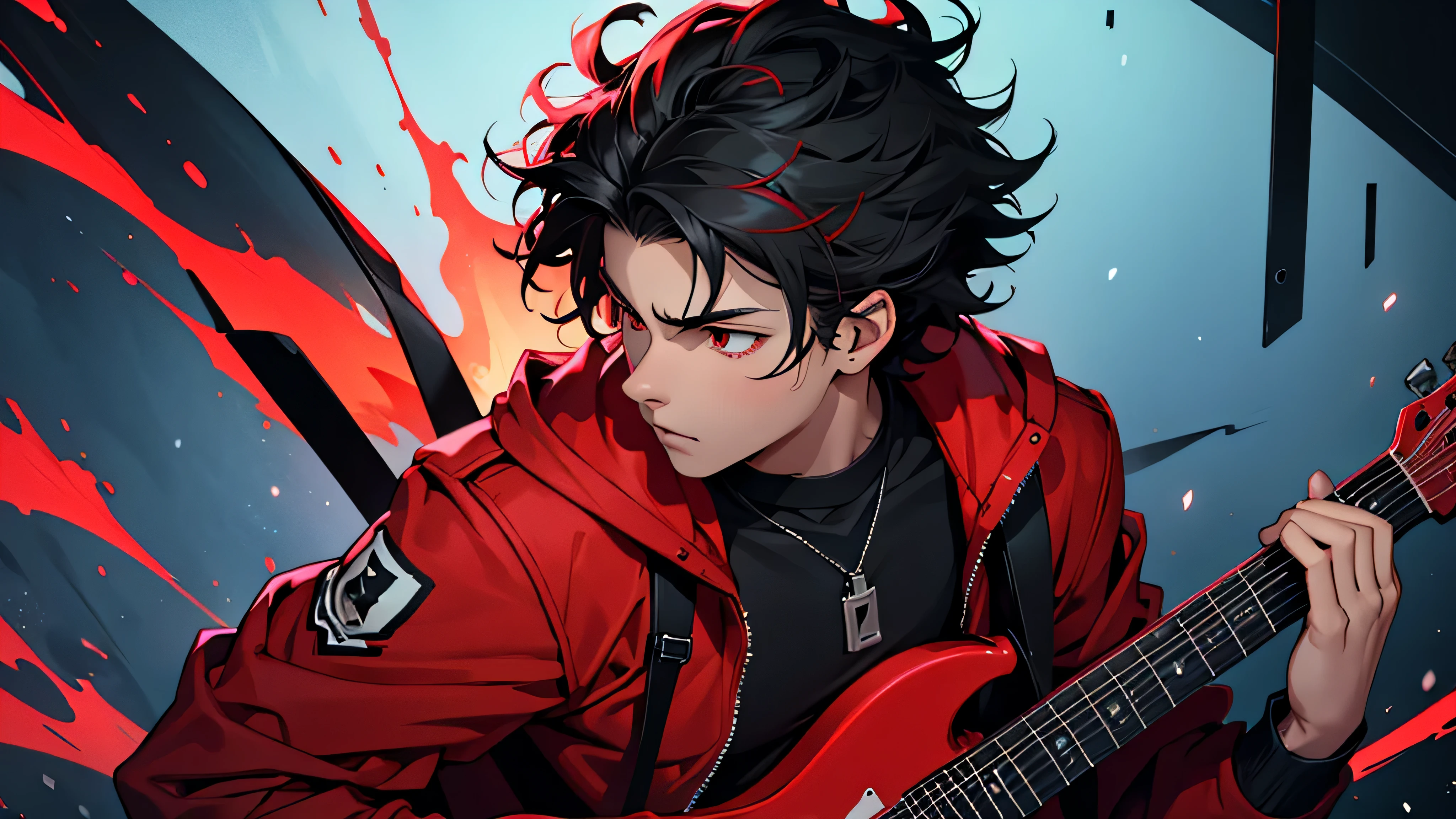 Uma foto de perfil do SeaArt retratando um  com olhos vermelhos brilhantes, vestindo uma jaqueta preta e vermelha, playing an electric guitar. Your hair is short, Encaracolado, e preto, and he is immersed in the music, with a concentrated and passionate expression while playing his guitar with intensity