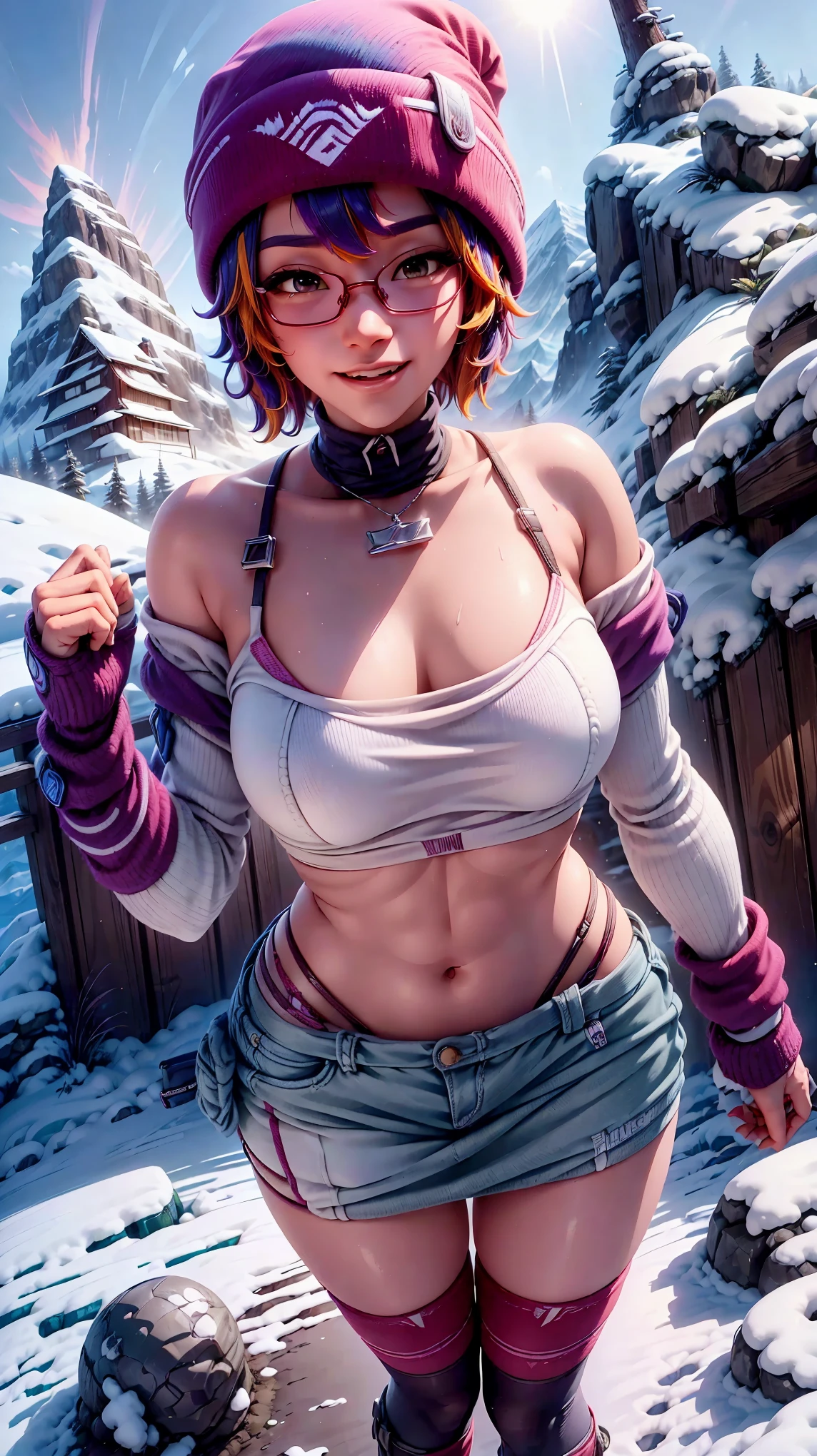 siendo realista、Kiriko Lesserafim, 19, with a knitted hat, multicolored hair, short hair、Usar gafas de sol、Looking up from the base of a snowy mountain、Wear mountaineering clothing、Sexy Poses Sexy、Emphasis on the neckline, pechos medianos、sonrisa de la cara
