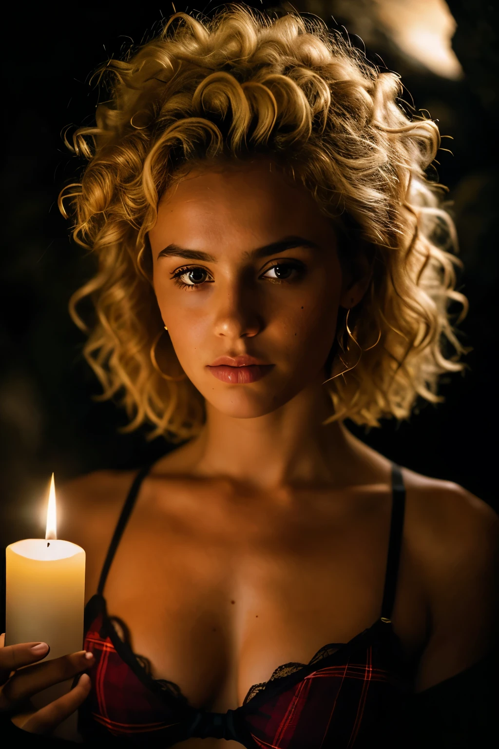 photograph of a woman, (troubled facial expression), textured skin, goosebumps, blonde afro hair, plaid flannel shirt with distressed lingerie, dark and mysterious cave with unique rock formations and hidden wonders, perfect eyes, (candlelight,chiaroscuro), Porta 160 color, shot on ARRI ALEXA 65, bokeh, sharp focus on subject, shot by Don McCullin
