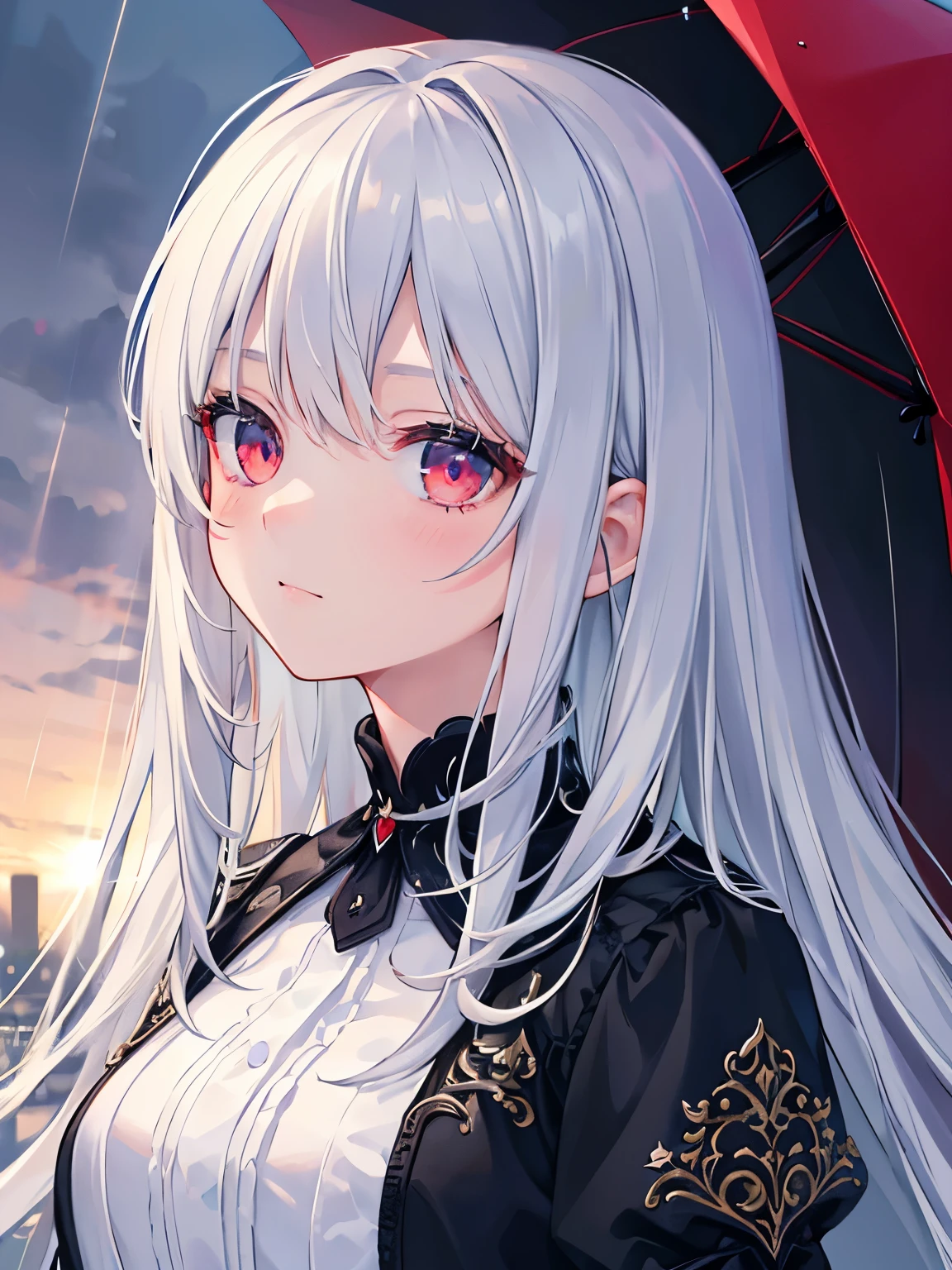 masterpiece, highest quality, very detailed, Lightning like a movie, intricate details, High resolution, official art, Beautiful detailed face and eyes, High resolutionのイラスト, 8k, Depth of the bounds written, Bokeh, alone, 1 girl, girl with white hair and red eyes, long gray hair, beautiful red eyes, beautiful scenery, rainy city, Upper body, looking at the viewer, close