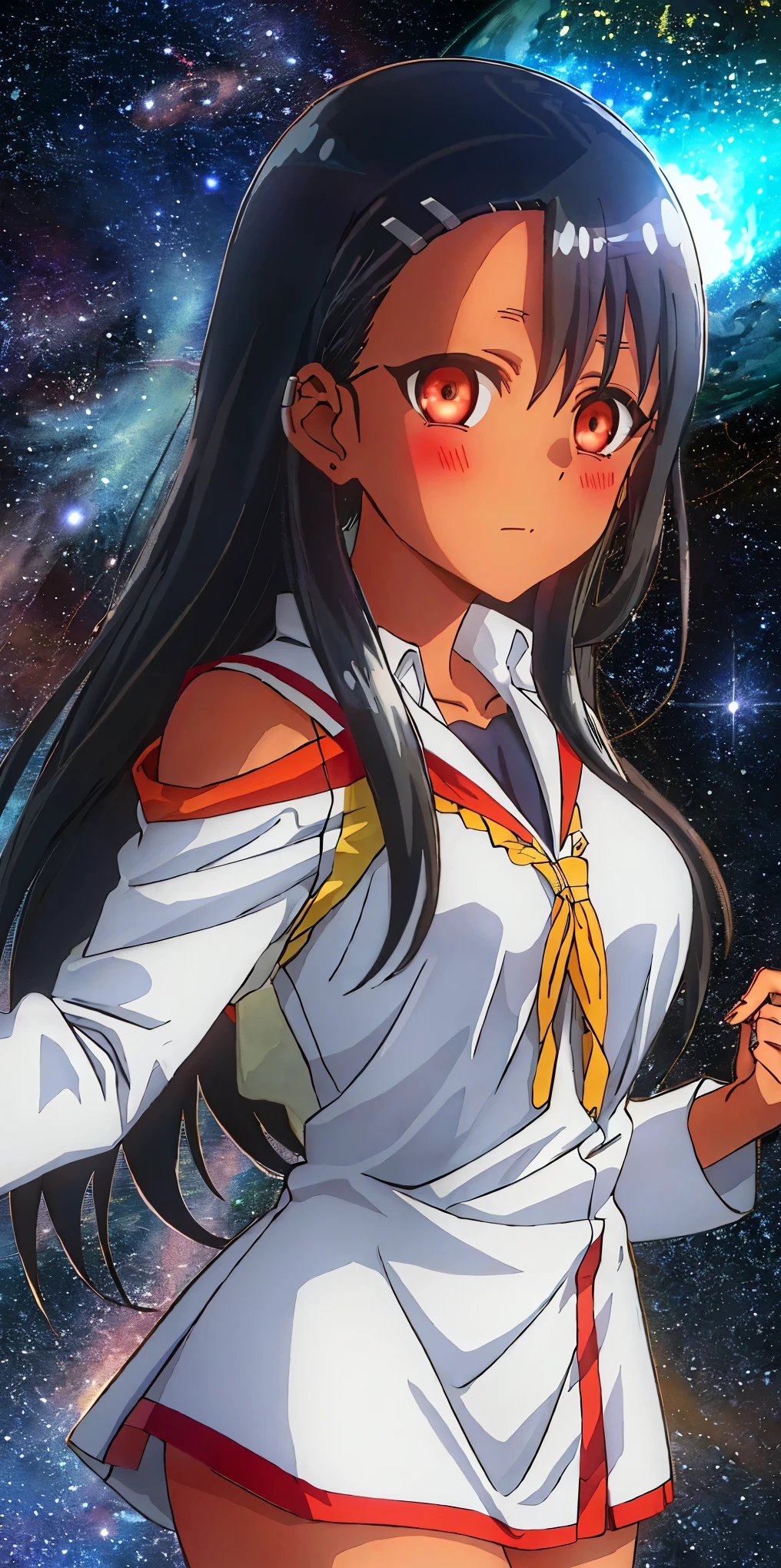 Nagatoro Hayase, front, goddess, Nagatoro with the appearance of a cosmic entity, dark skin full of stars, glowing eyes, glowing wings, glowing third eye in the middle of her forehead, interstellar space